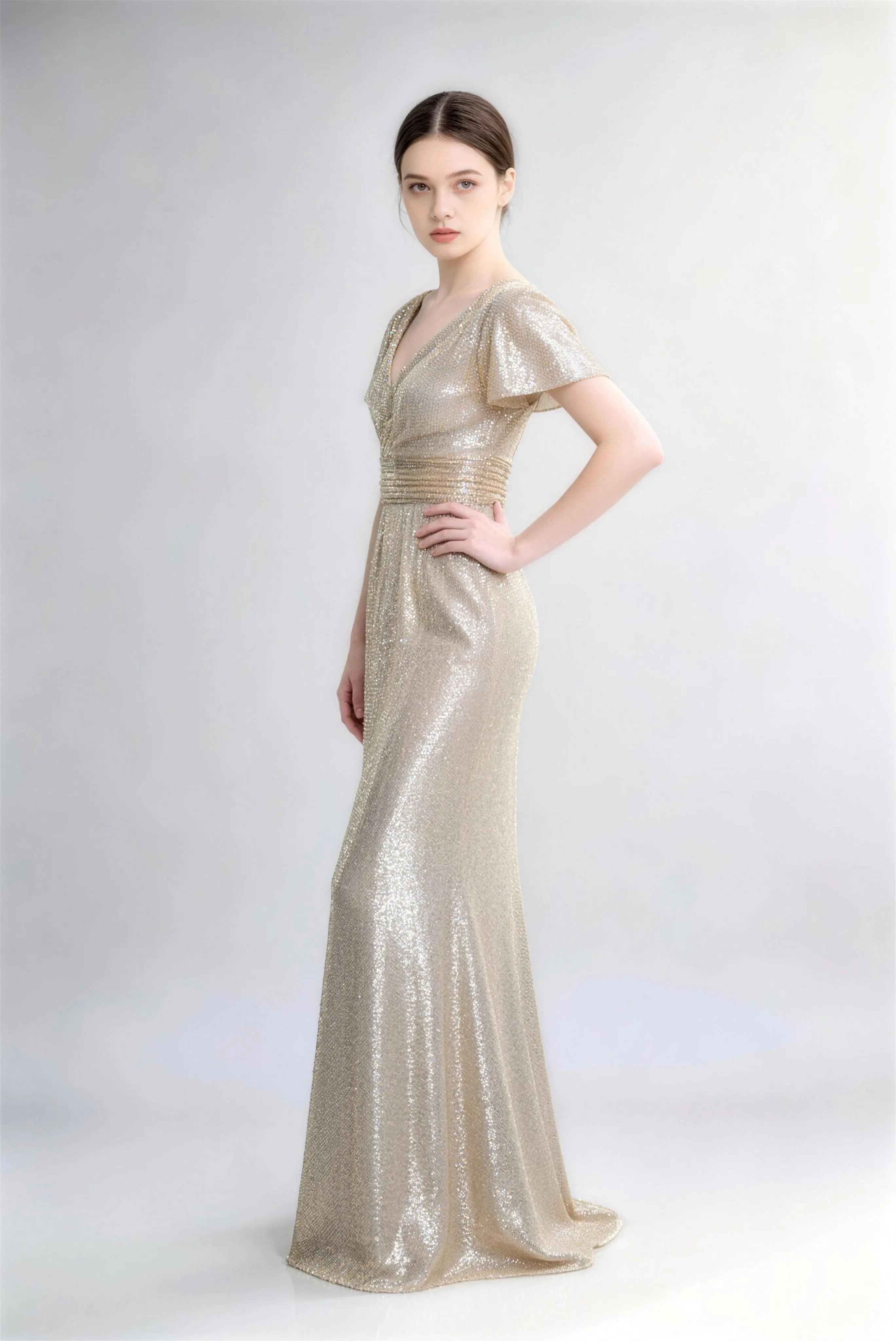Phoehua Side View of Champagne Sequin Evening Gown, High Waist Pleated Detail Flutter Sleeve Floor-Length Formal Party Dress