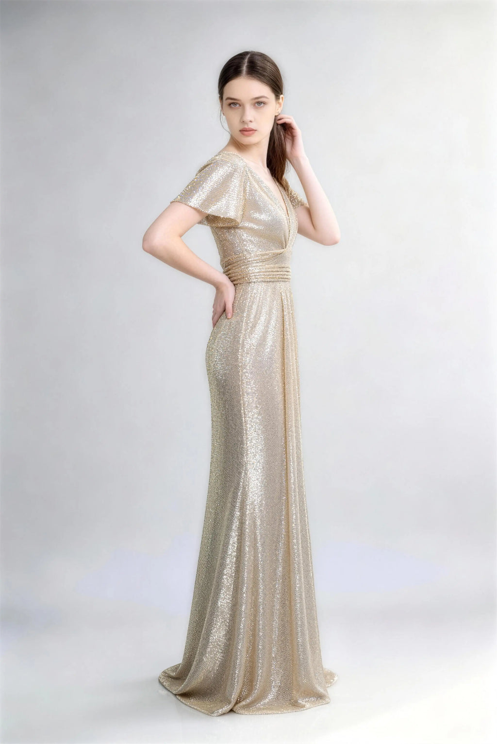 Phoehua Champagne Sequin Mermaid Evening Gown, Front View V-Neck Flutter Sleeve Pleated Waist Floor-Length Formal Wedding Guest Party Dress