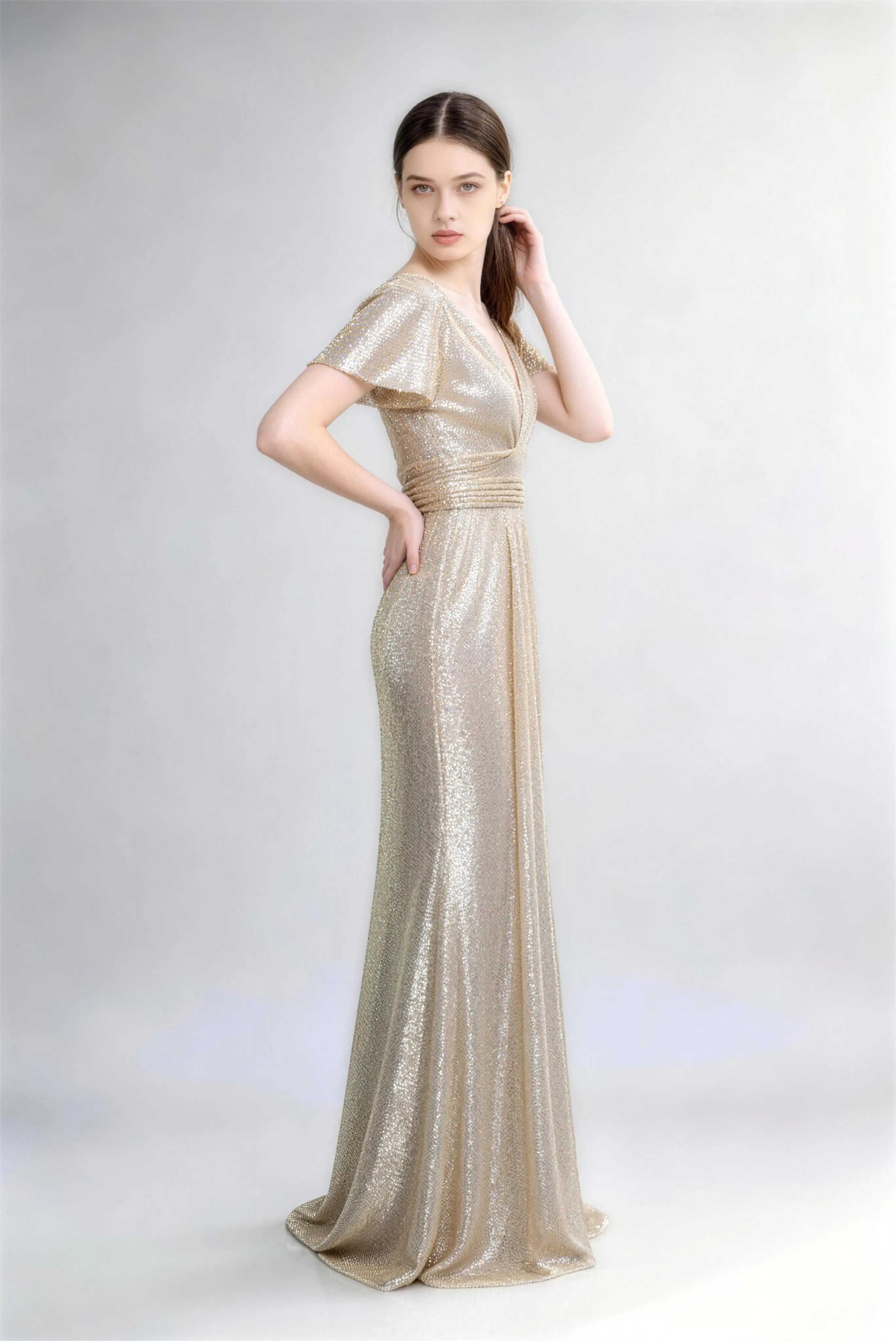 Phoehua Champagne Sequin Mermaid Evening Gown, Front View V-Neck Flutter Sleeve Pleated Waist Floor-Length Formal Wedding Guest Party Dress