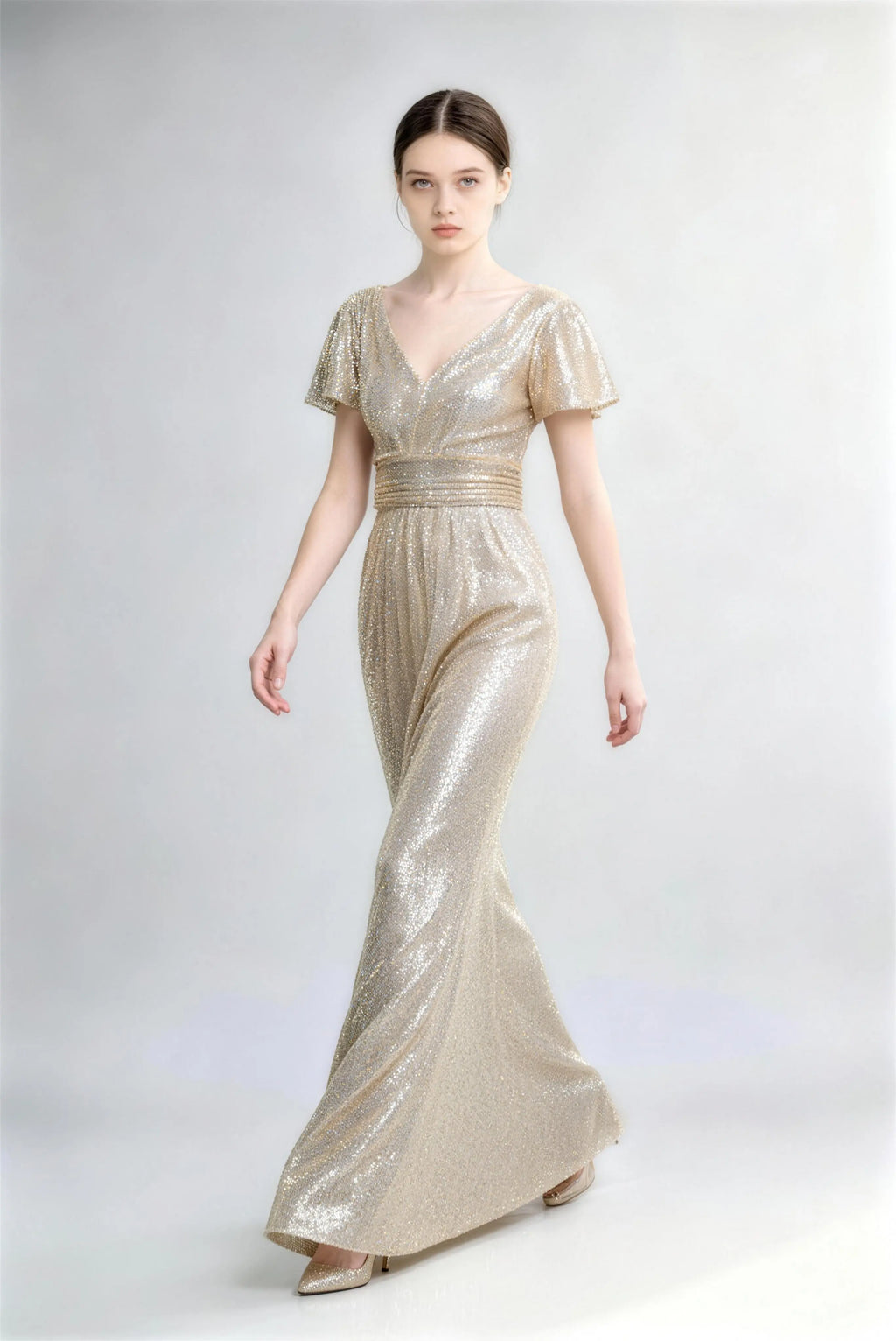 Pjoehua Walking Pose of Champagne Sequin Evening Dress, Flowing Skirt V-Neck Flutter Sleeve Pleated Waist Formal Gala Gown