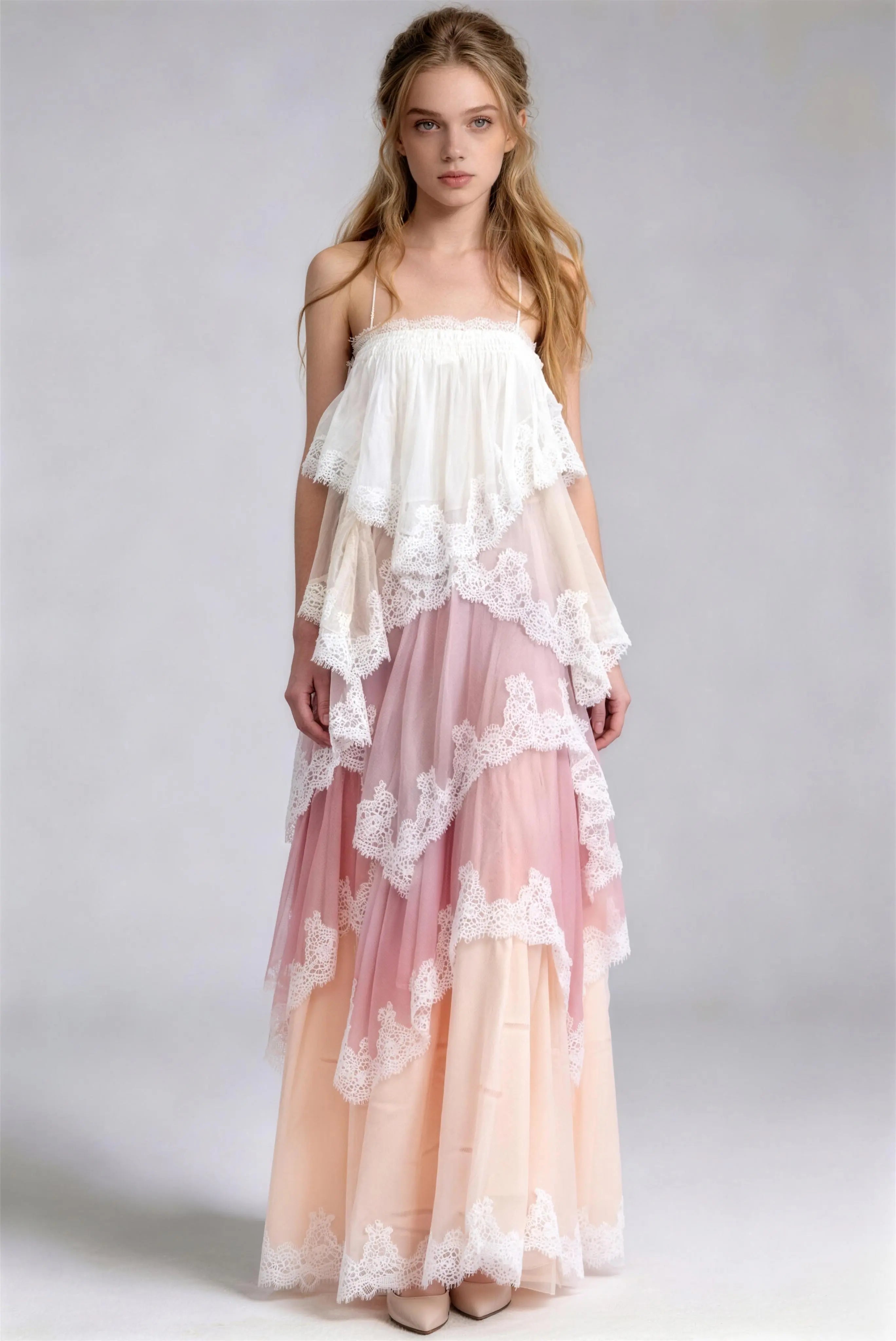 Phoehua Pastel Pink Gradient Lace Tiered Maxi Dress, Front View Spaghetti Strap Backless Cross-Back Flowy Summer Wedding Guest Party Dress