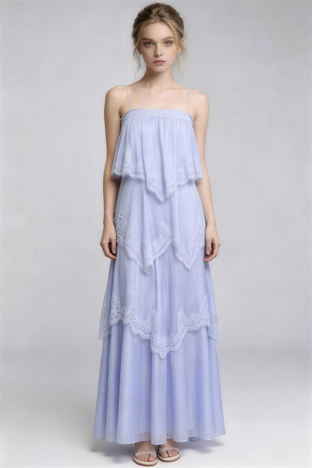 Phoehua Sky Blue Lace Tiered Maxi Dress, Front View Spaghetti Strap Flowy Layered Lace Trim Irregular Hem Summer Formal Dress