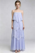 Phoehua Sky Blue Lace Tiered Maxi Dress, Front View Spaghetti Strap Flowy Layered Lace Trim Irregular Hem Summer Formal Dress