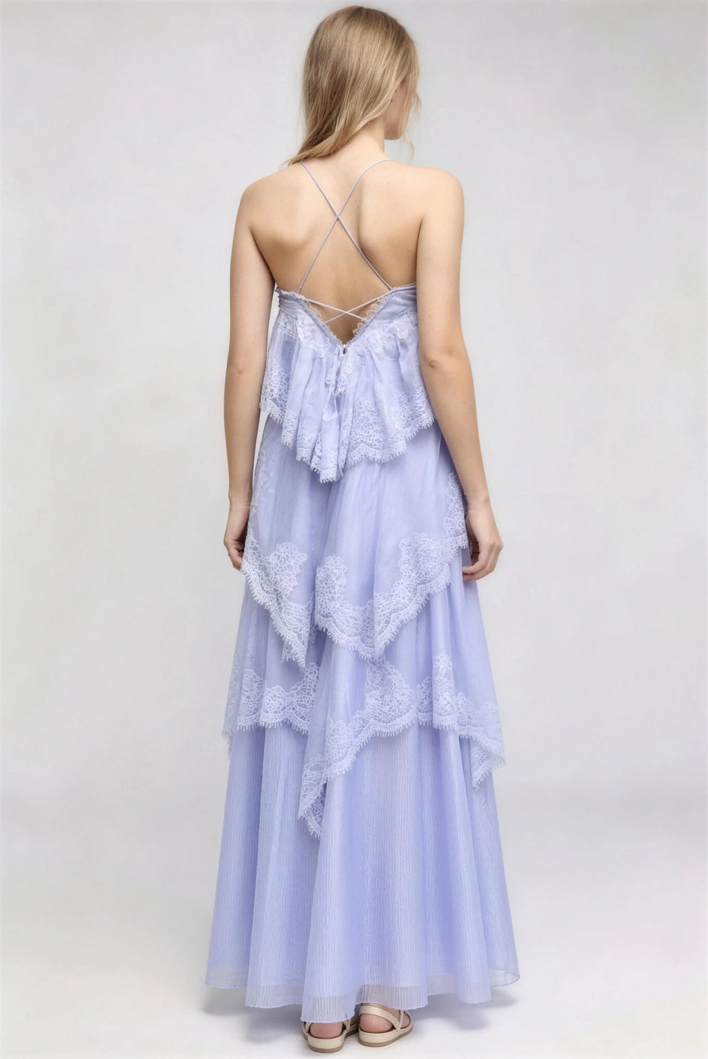 Phoehua Back View of Sky Blue Lace Tiered Dress, Cross-Back Spaghetti Strap Adjustable Closure Flowy Ruffle Layered Maxi Dress