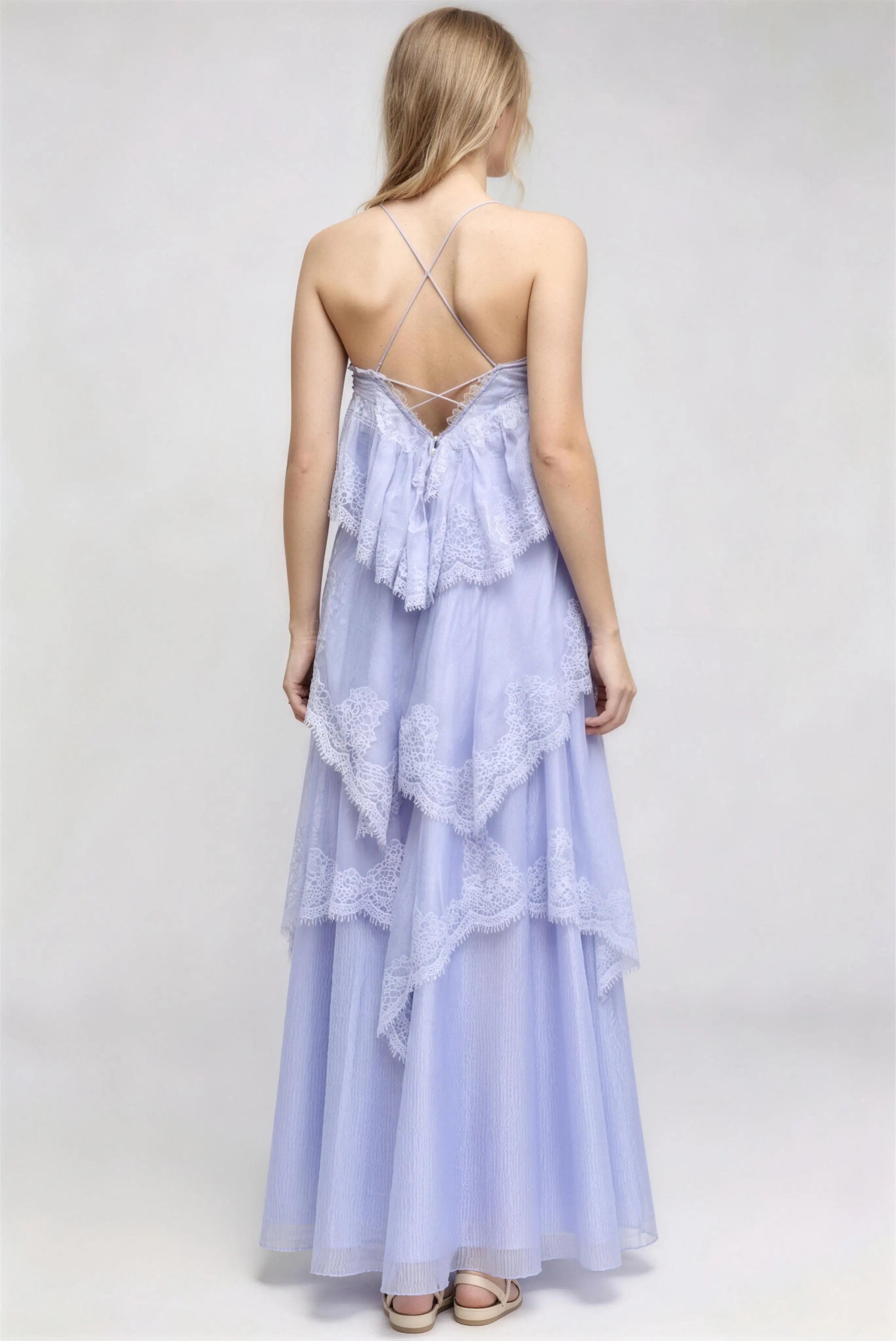 Phoehua Back View of Sky Blue Lace Tiered Dress, Cross-Back Spaghetti Strap Adjustable Closure Flowy Ruffle Layered Maxi Dress