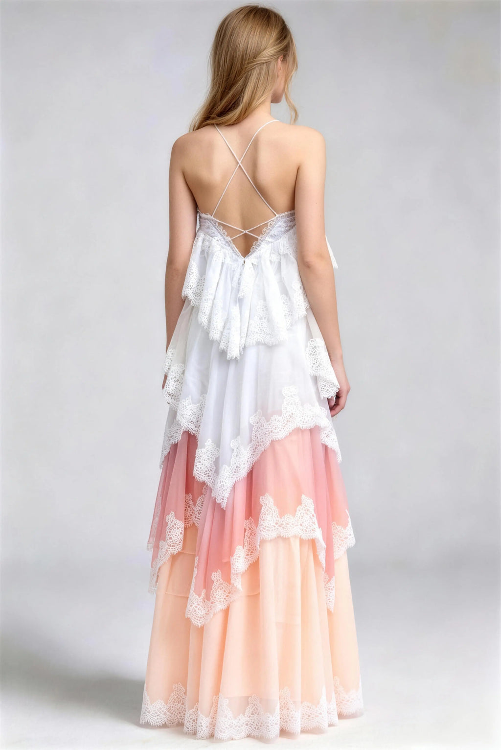 Phoehua Back View of Pastel Pink Lace Tiered Maxi Dress, Cross-Back Spaghetti Strap V-Back Detail Flowy Gradient Summer Formal Gown