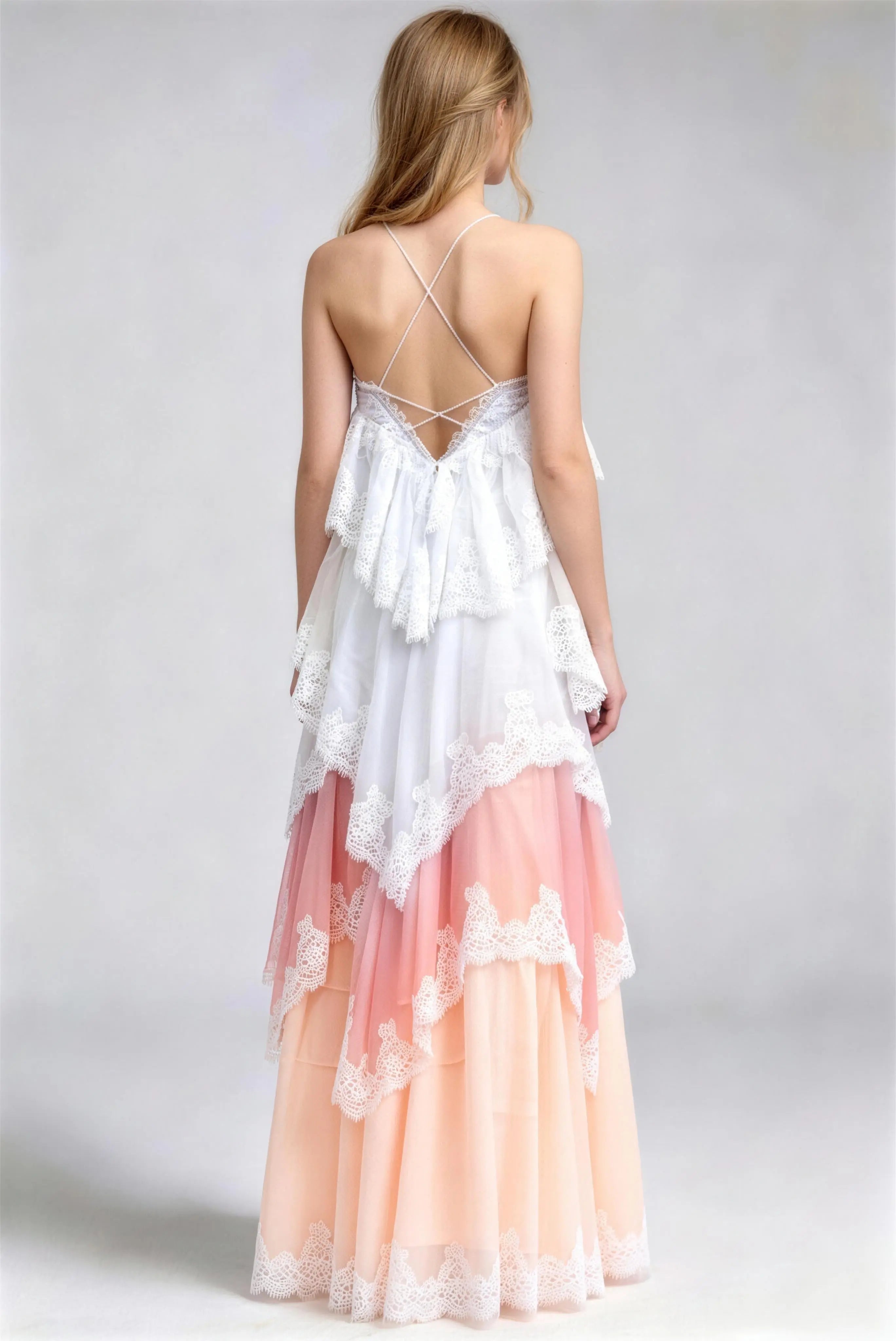 Phoehua Back View of Pastel Pink Lace Tiered Maxi Dress, Cross-Back Spaghetti Strap V-Back Detail Flowy Gradient Summer Formal Gown