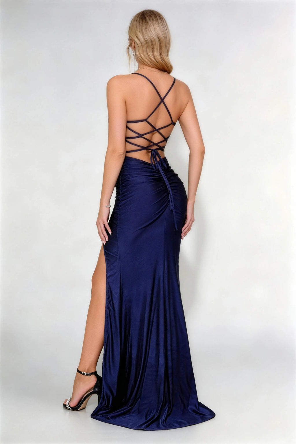 Phoehua Back View of Navy Blue Sequin Evening Dress, Crisscross Lace-Up Open Back Sleeveless Mermaid Gown