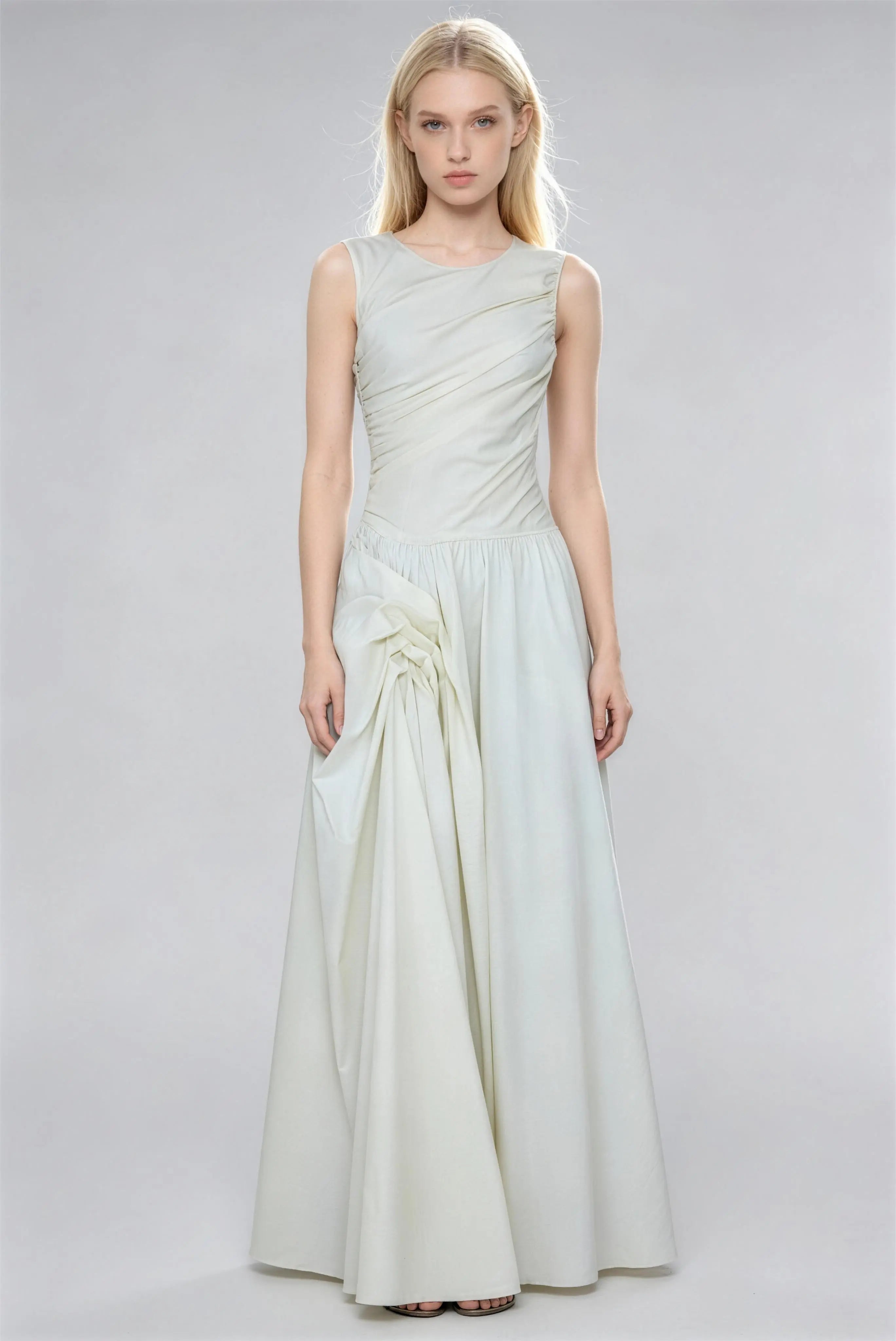 Phoehua Milky White Ruched Waist Maxi Dress, Front View Crew Neck Sleeveless 3D Bow Detail A-Line Elegant Formal Summer Dress