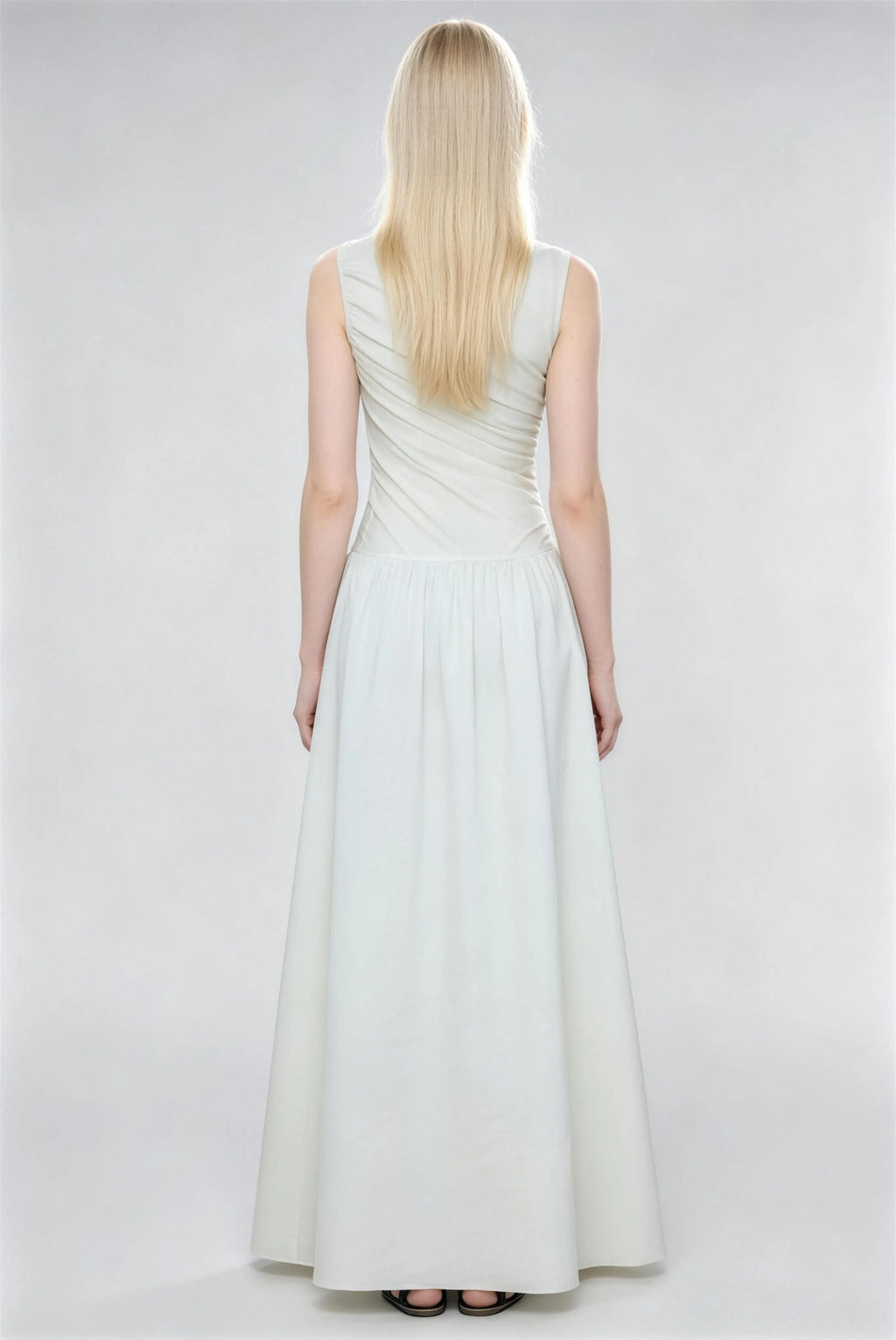 Phoehua Back View of Milky White Maxi Dress, Ruched Bodice High Waist Flowy A-Line Skirt Elegant Sleeveless Formal Gown