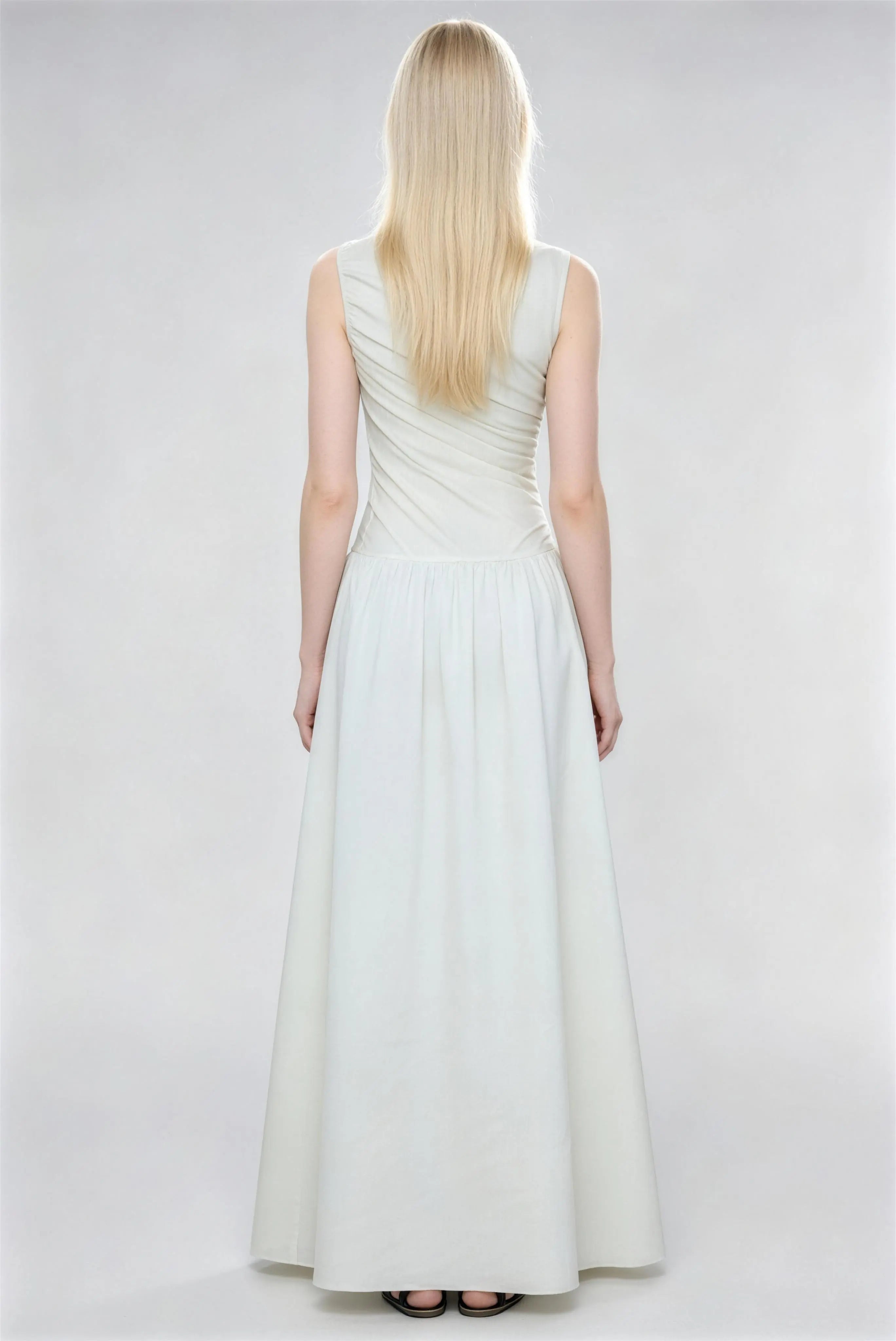 Phoehua Back View of Milky White Maxi Dress, Ruched Bodice High Waist Flowy A-Line Skirt Elegant Sleeveless Formal Gown