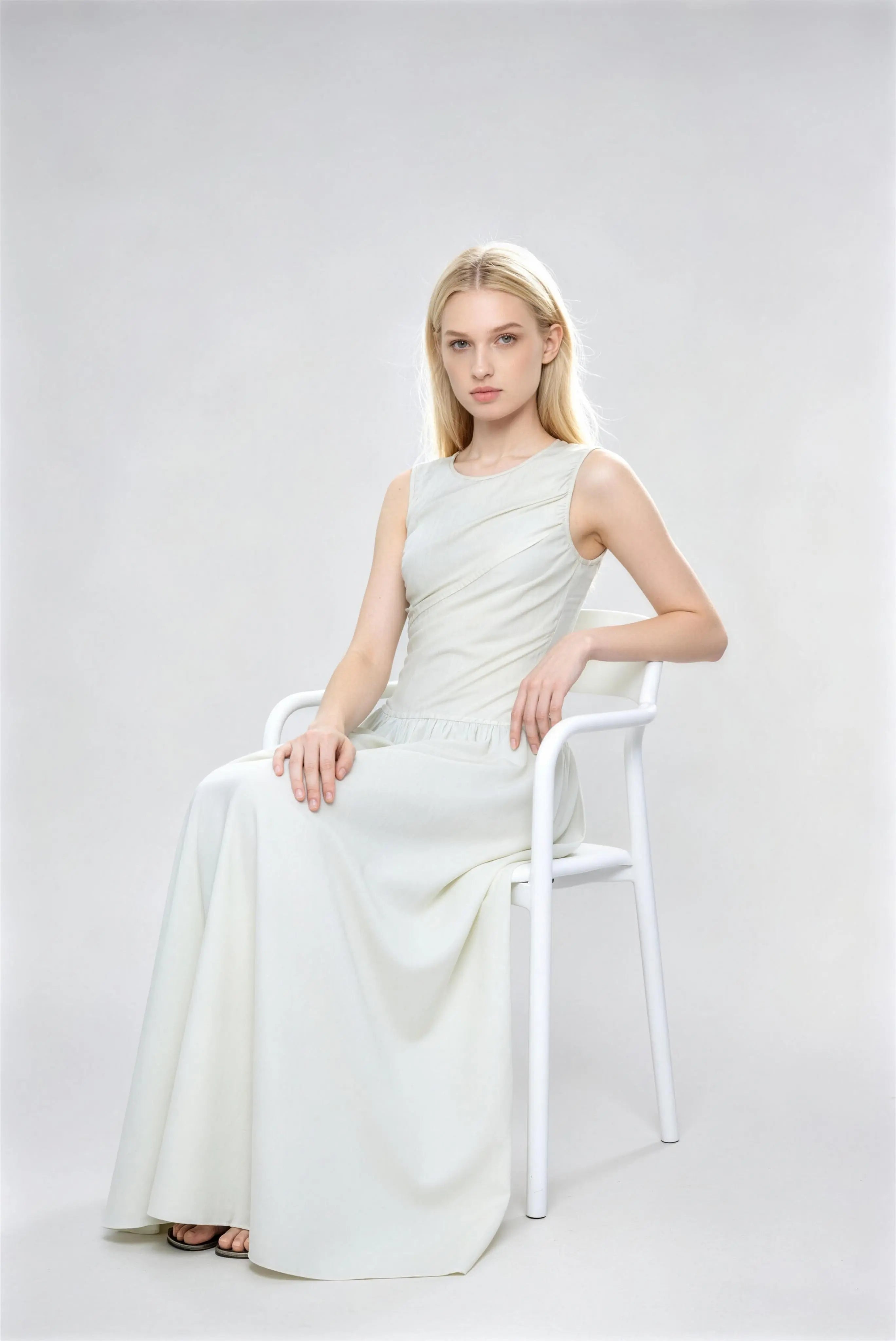 Phoehua Seated Pose of Milky White Elegant Dress, Ruched Waist Sleeveless Crew Neck Flowy A-Line Maxi Dress