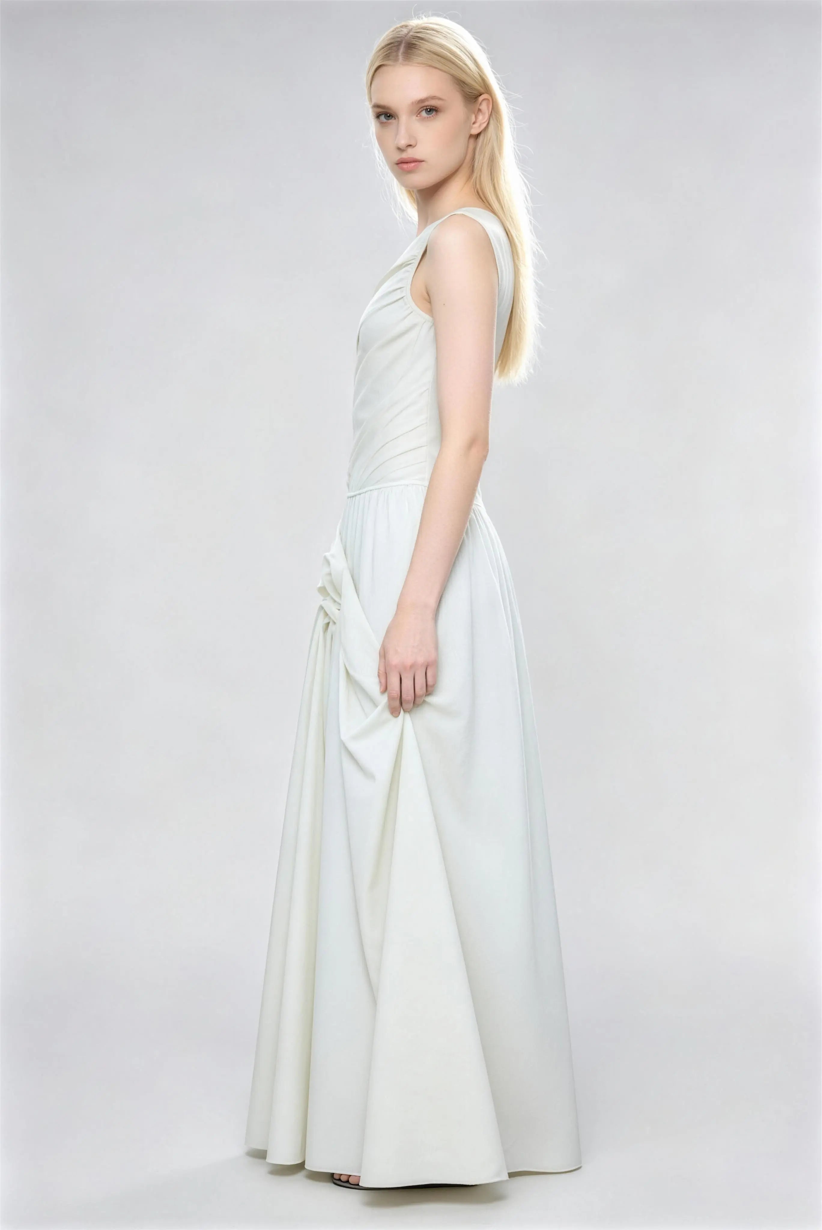 Phoehua Side View of Milky White Ruched Waist Dress, 3D Bow Detail High Waist Flowy A-Line Skirt Elegant Formal Gown