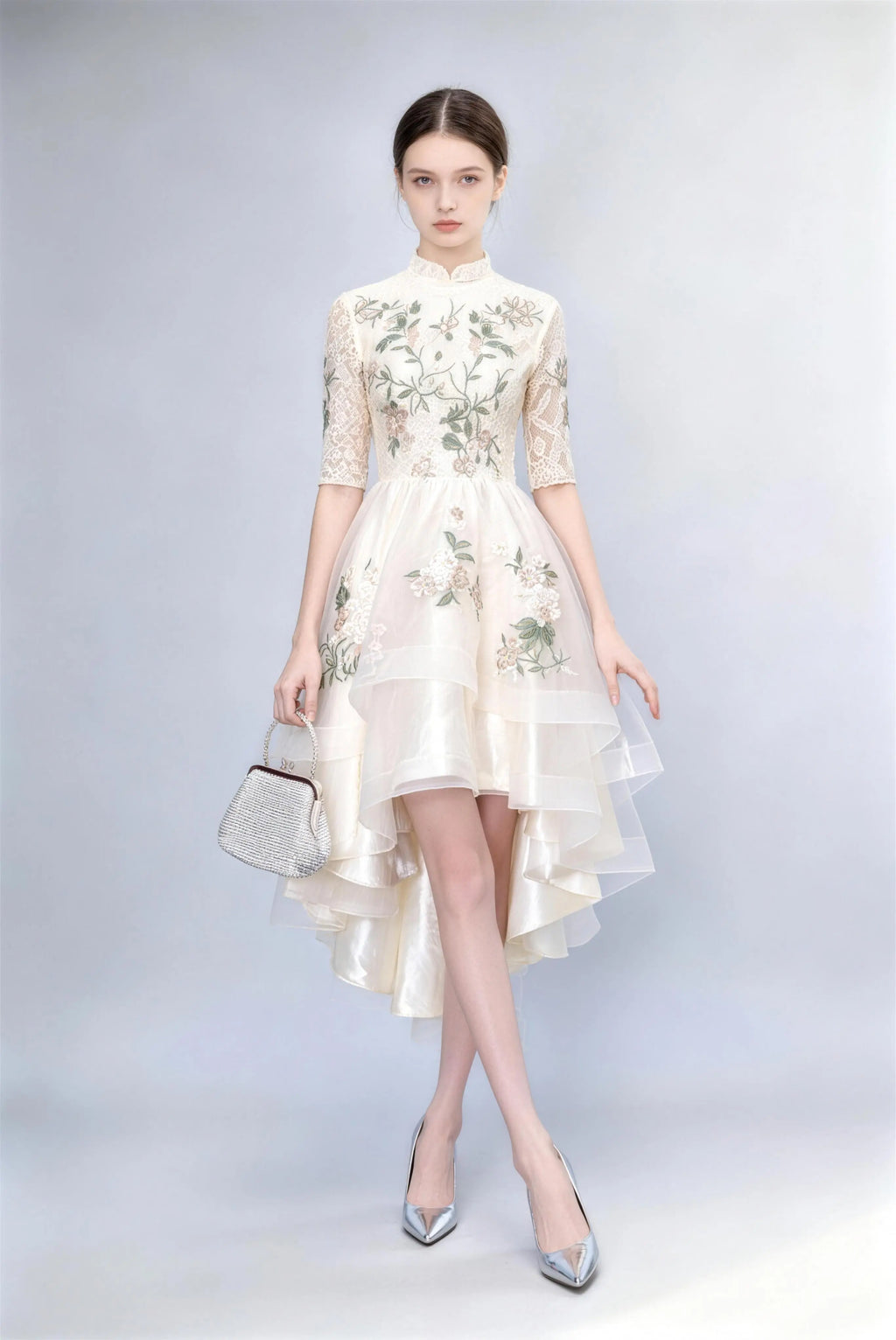 Phoehua Champagne Lace Floral Embroidered High-Low Dress, Front View Mandarin Collar Half Sleeve A-Line Cocktail Party Gown