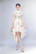 Phoehua Champagne Lace Floral Embroidered High-Low Dress, Front View Mandarin Collar Half Sleeve A-Line Cocktail Party Gown