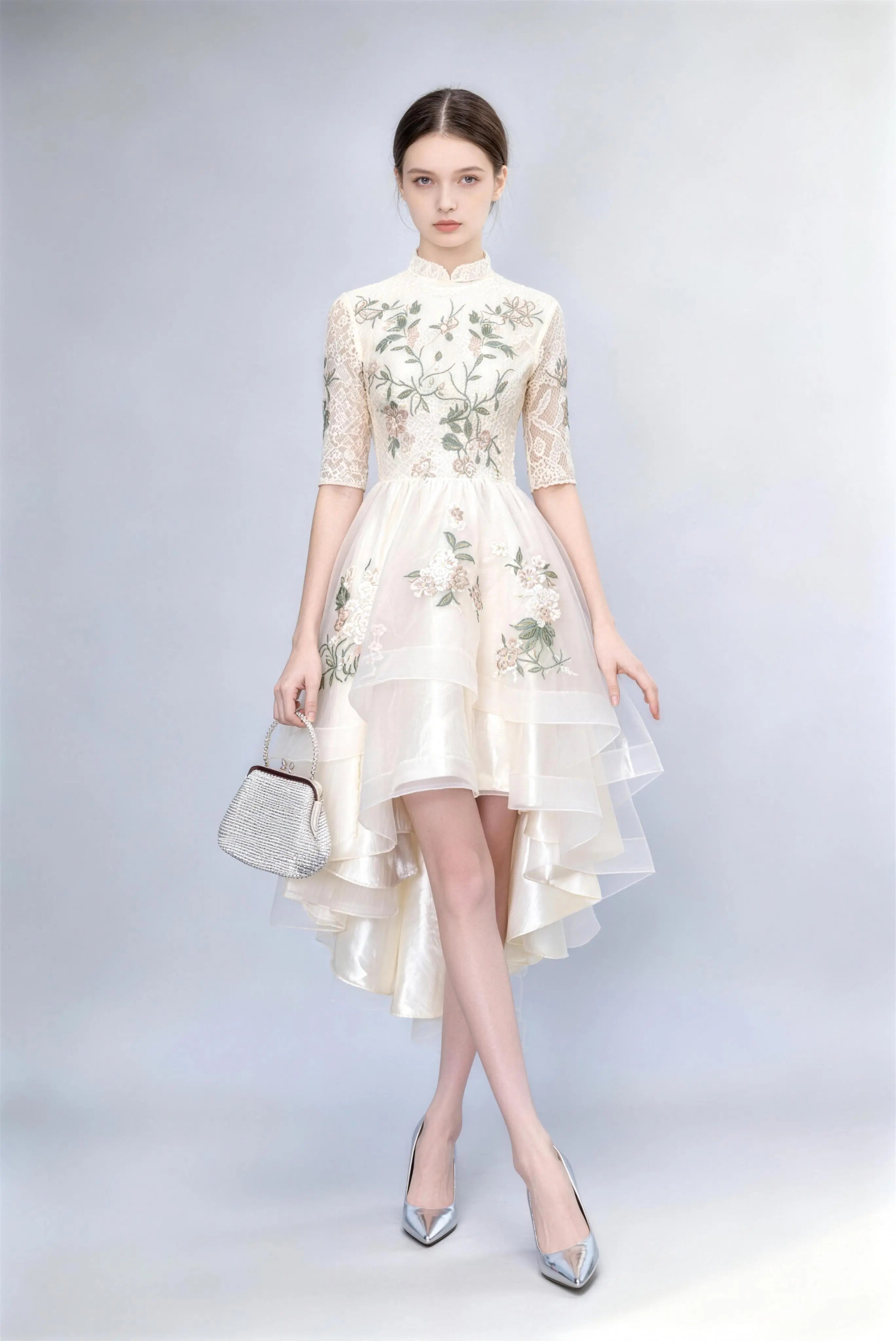 Phoehua Champagne Lace Floral Embroidered High-Low Dress, Front View Mandarin Collar Half Sleeve A-Line Cocktail Party Gown