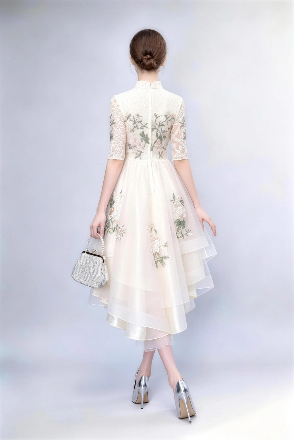 Phoehua Back View of Lace Floral Embroidered High-Low Dress, Zipper Closure Tiered Skirt Half Sleeve Mandarin Collar Cocktail Dress