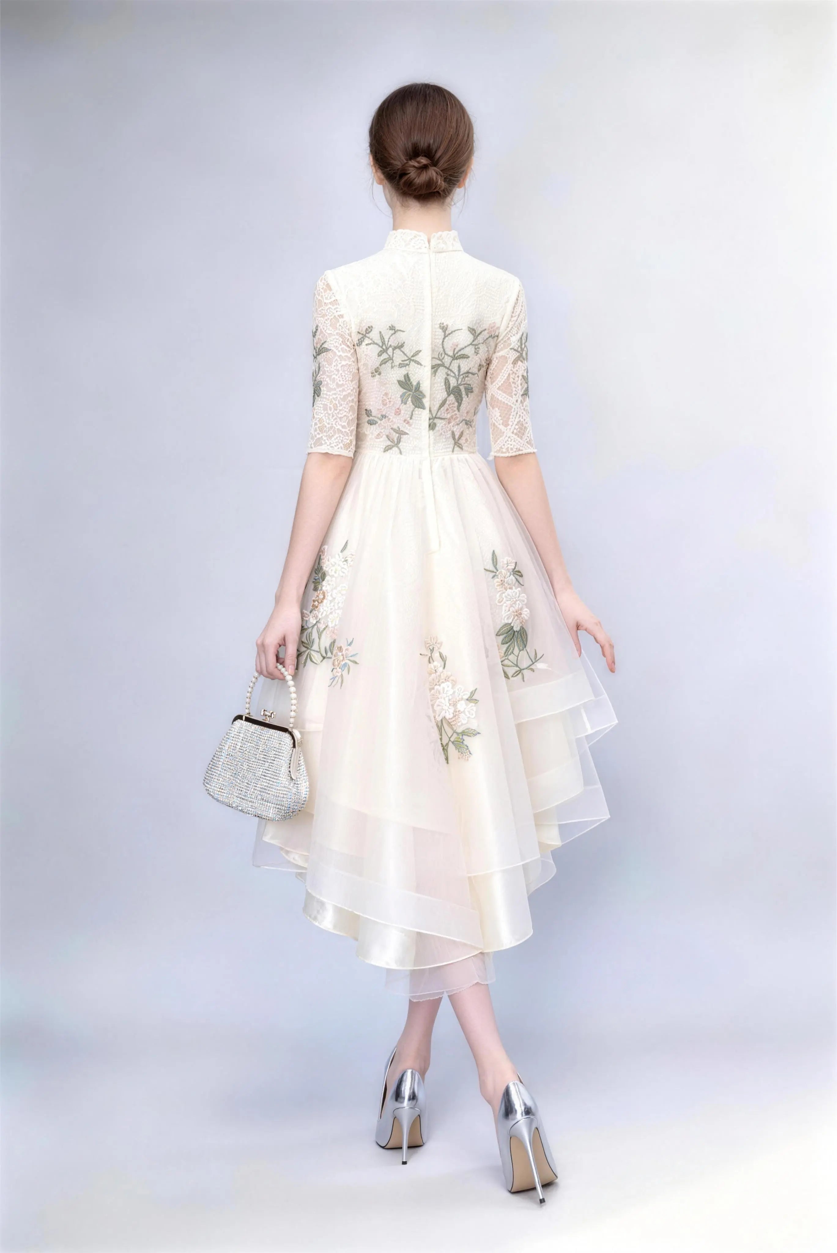 Phoehua Back View of Lace Floral Embroidered High-Low Dress, Zipper Closure Tiered Skirt Half Sleeve Mandarin Collar Cocktail Dress