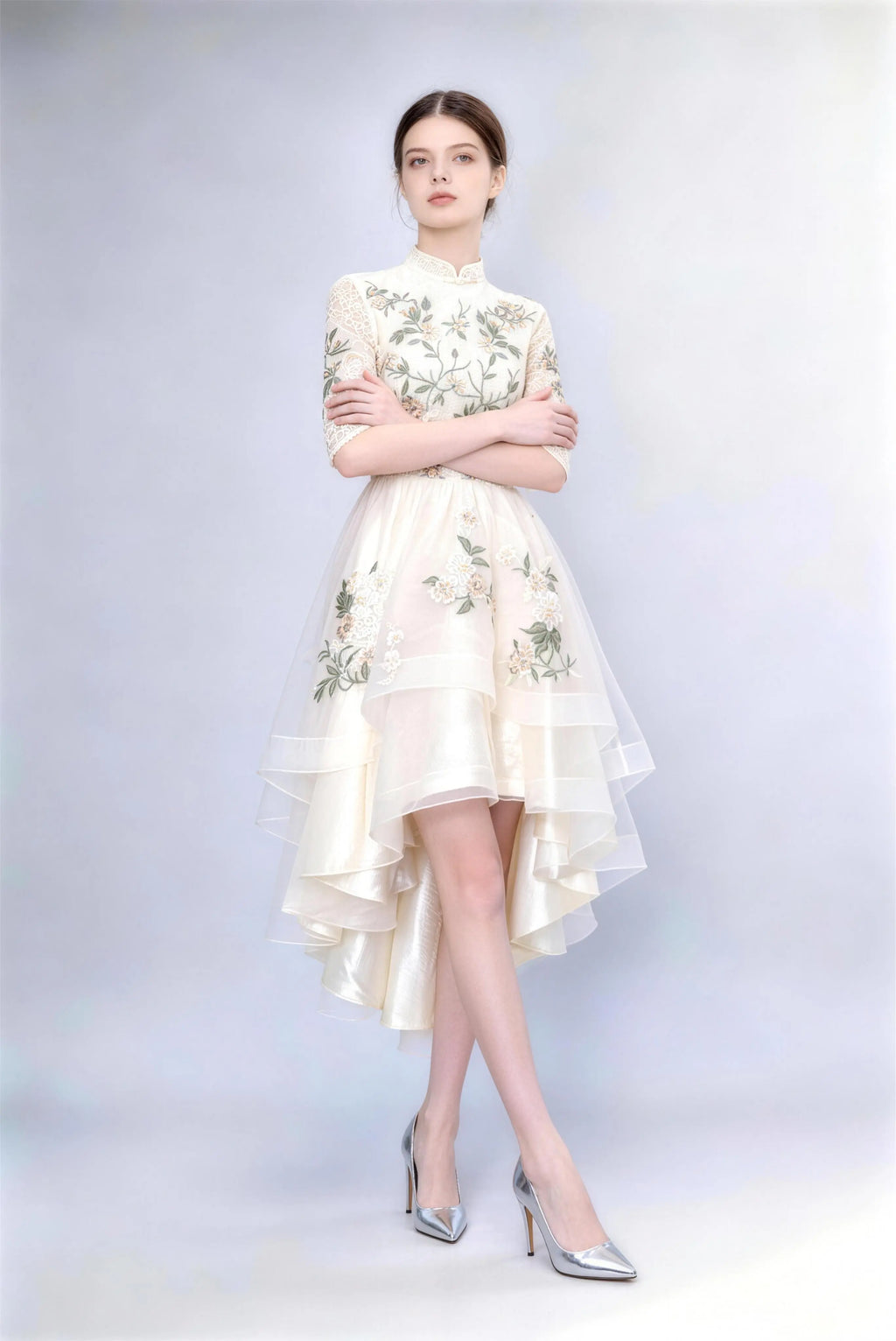 Phoehua Champagne Lace Dress with Arms Crossed Pose, Floral Embroidery High Waist A-Line High-Low Skirt Half Sleeve Formal Gown