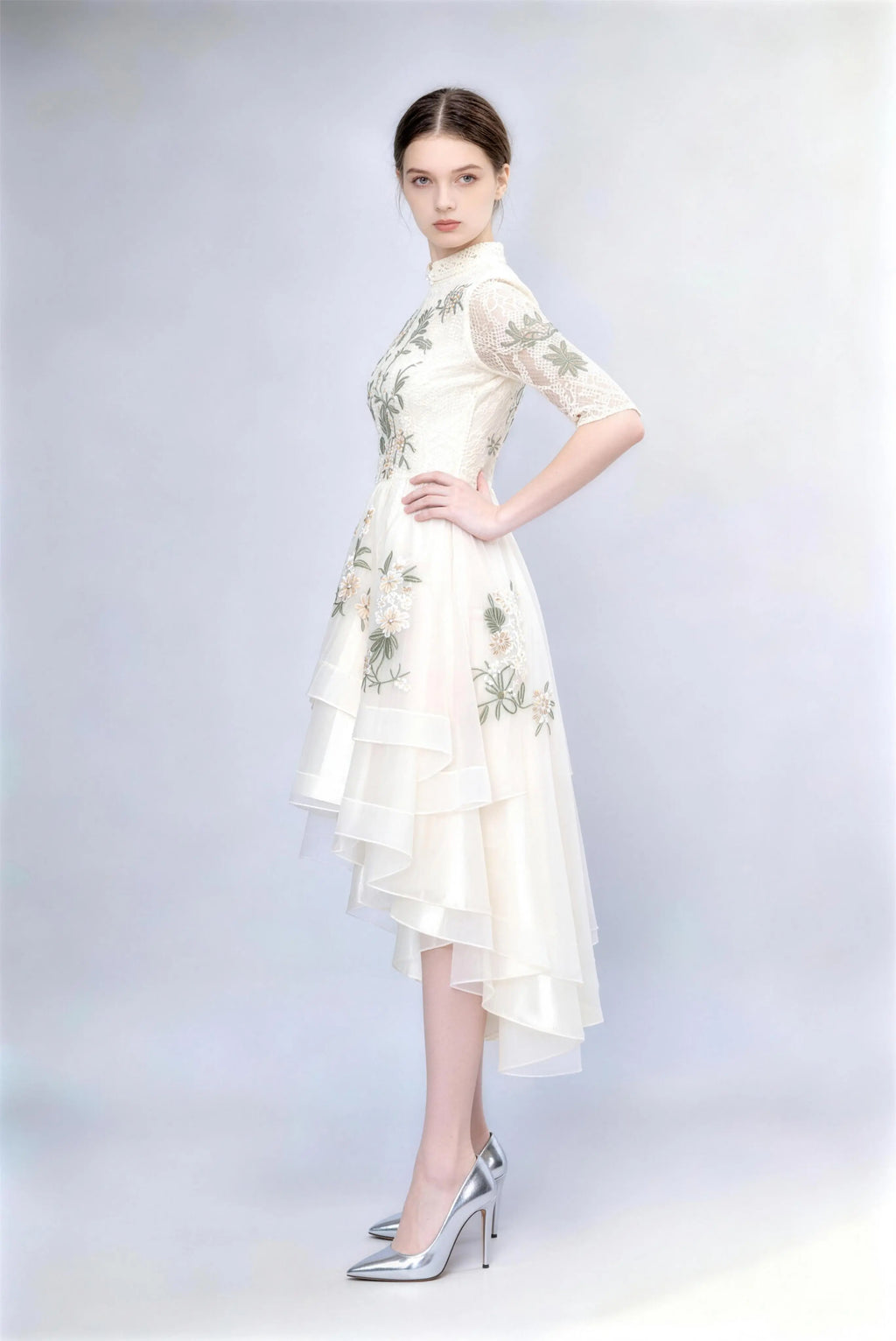 Phoehua Side View of Champagne Lace Embroidered Dress, Tiered High-Low Skirt Mandarin Collar Half Sleeve A-Line Cocktail Party Dress