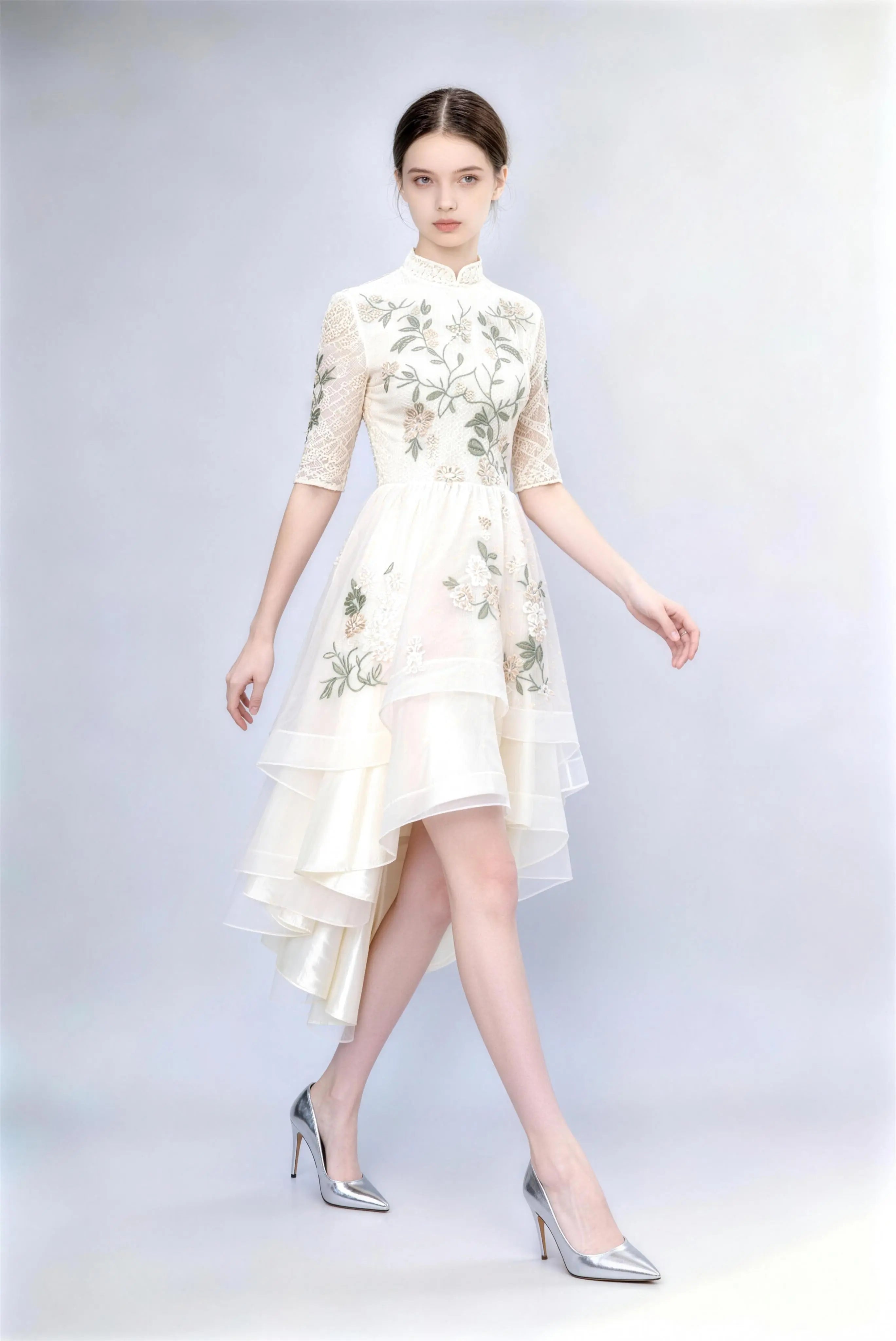 Phoehua Walking Pose of Champagne Floral Embroidered Dress, Flowing High-Low Skirt Mandarin Collar Half Sleeve Lace Cocktail Gown