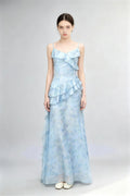 Phoehua Light Blue Floral Print Tiered Ruffle Maxi Dress, Front View Spaghetti Strap A-Line Chiffon Summer Wedding Guest Dress
