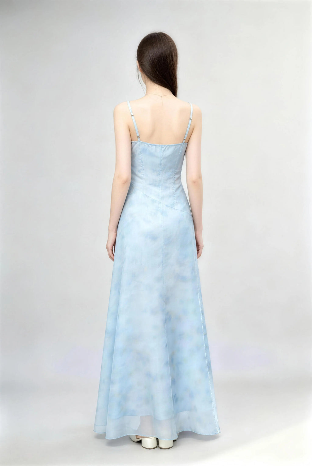 Phoehua Back View of Light Blue Floral Maxi Dress, Adjustable Spaghetti Straps Tiered Ruffle A-Line Chiffon Dress