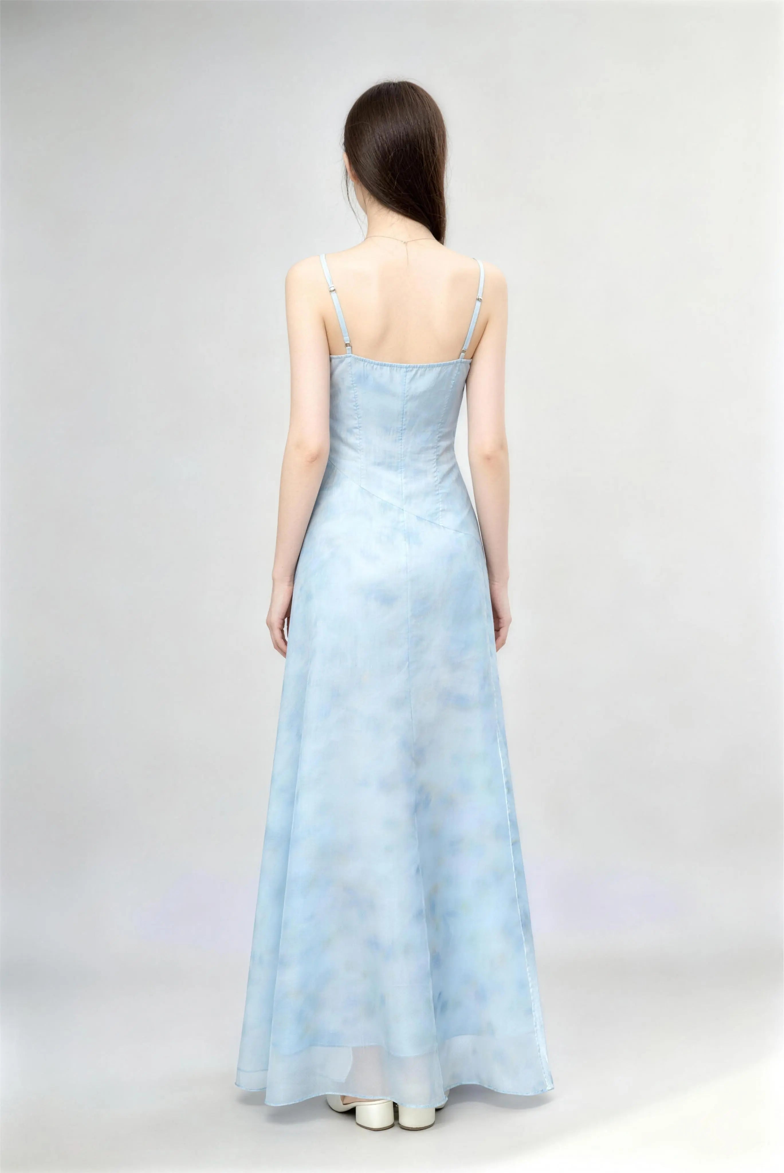 Phoehua Back View of Light Blue Floral Maxi Dress, Adjustable Spaghetti Straps Tiered Ruffle A-Line Chiffon Dress