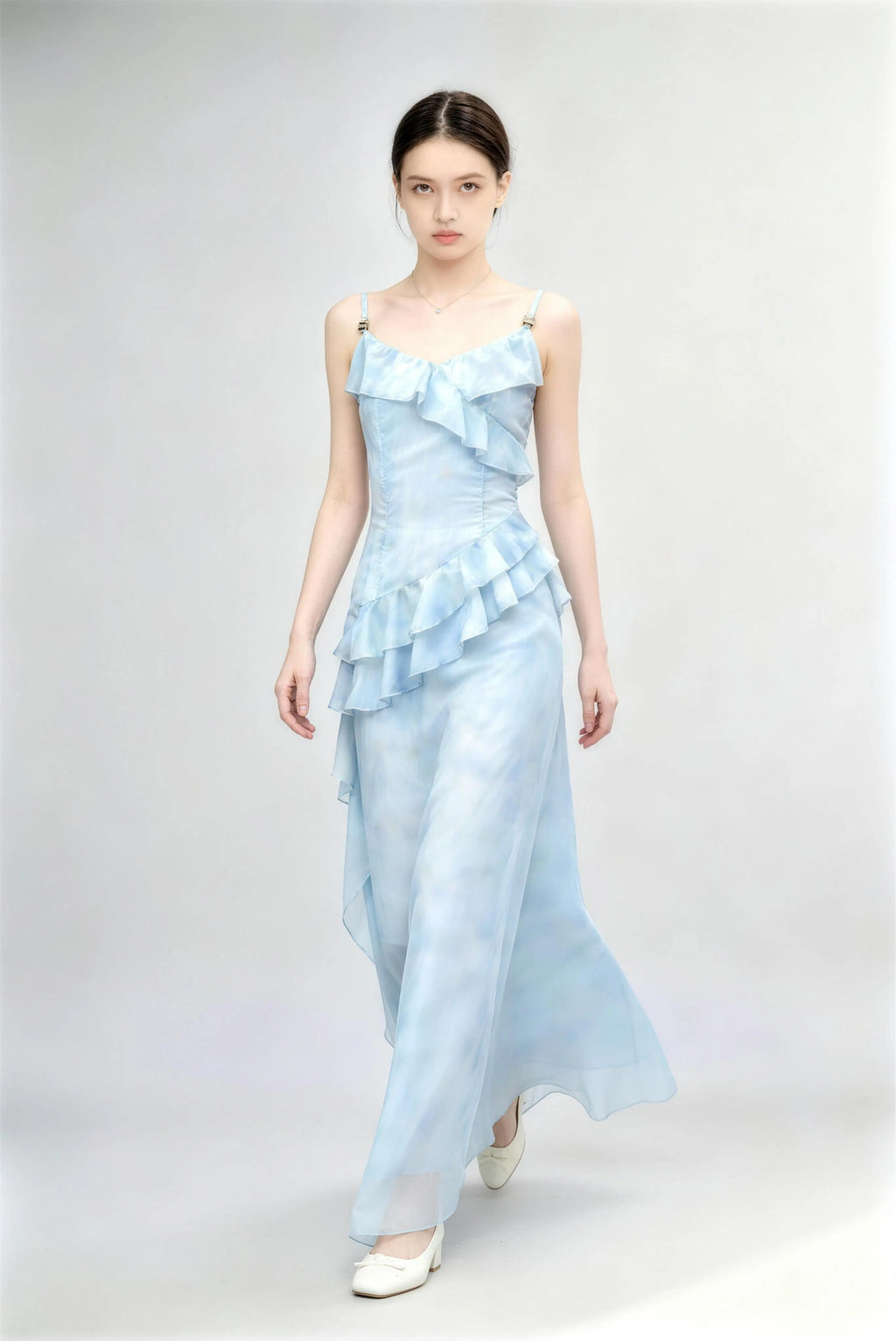 Phoehua Walking Pose of Light Blue Ruffle Floral Dress, Flowing Tiered Skirt Spaghetti Strap A-Line Chiffon Maxi Gown