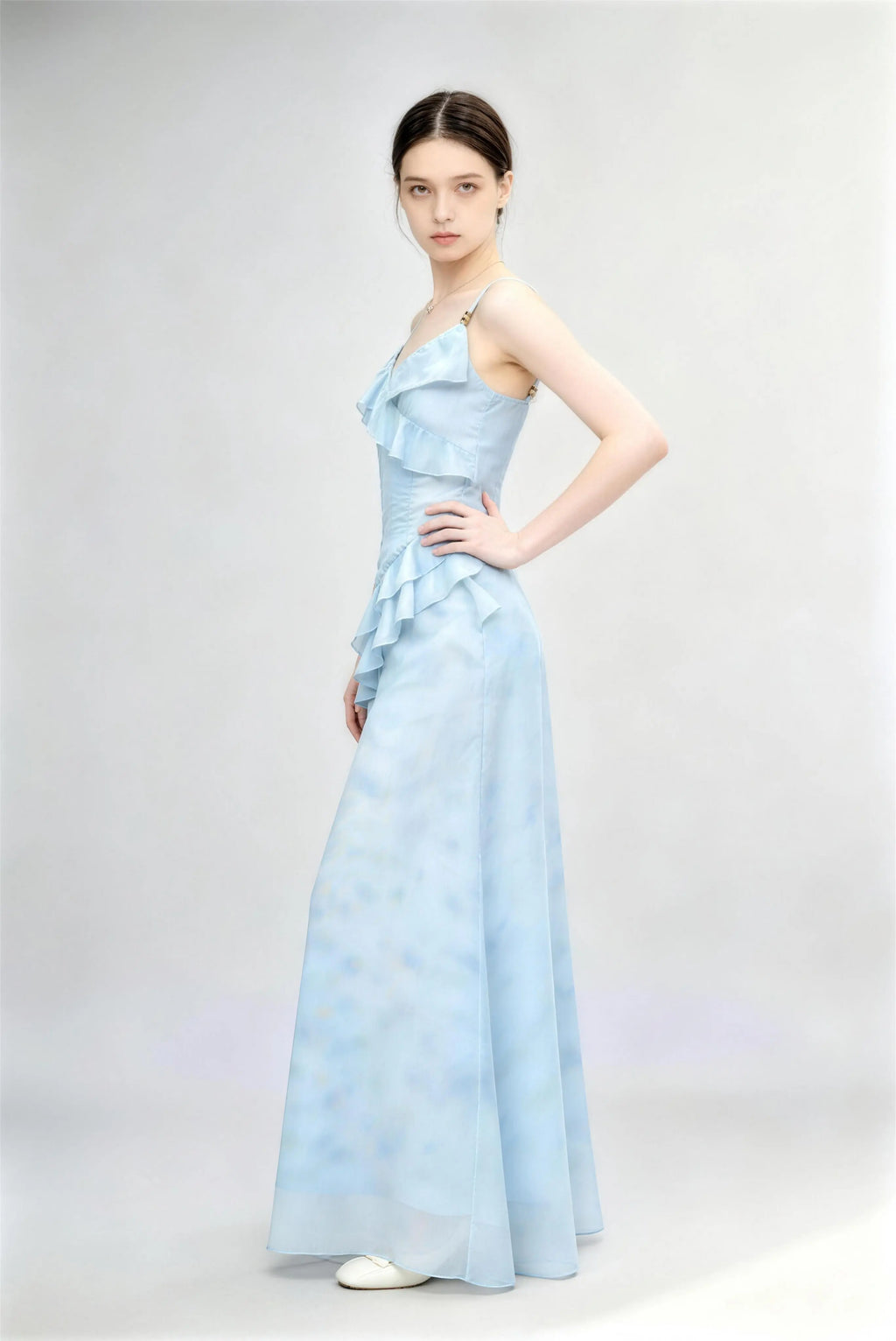 Phoehua Side View of Light Blue Floral Print Dress, Asymmetrical Tiered Ruffle Skirt Spaghetti Strap A-Line Maxi Dress