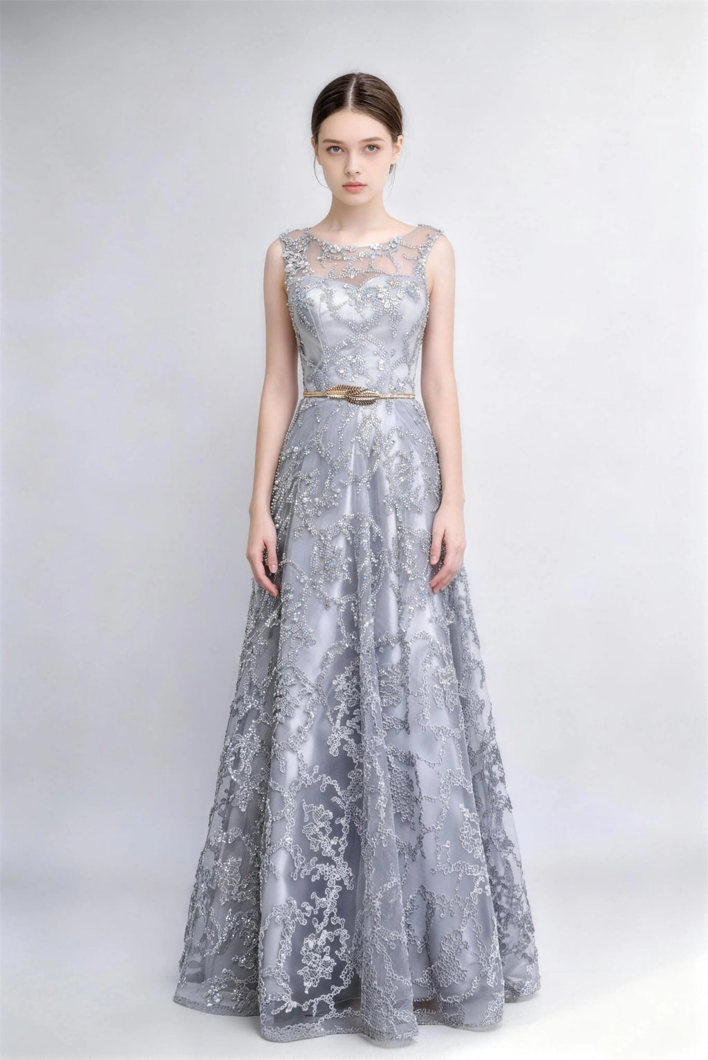 Phoehua Silver Beaded Lace A-Line Evening Gown, Front View Illusion Neck Sleeveless with Gold Belt Formal Prom Dress