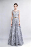 Phoehua Silver Beaded Lace A-Line Evening Gown, Front View Illusion Neck Sleeveless with Gold Belt Formal Prom Dress