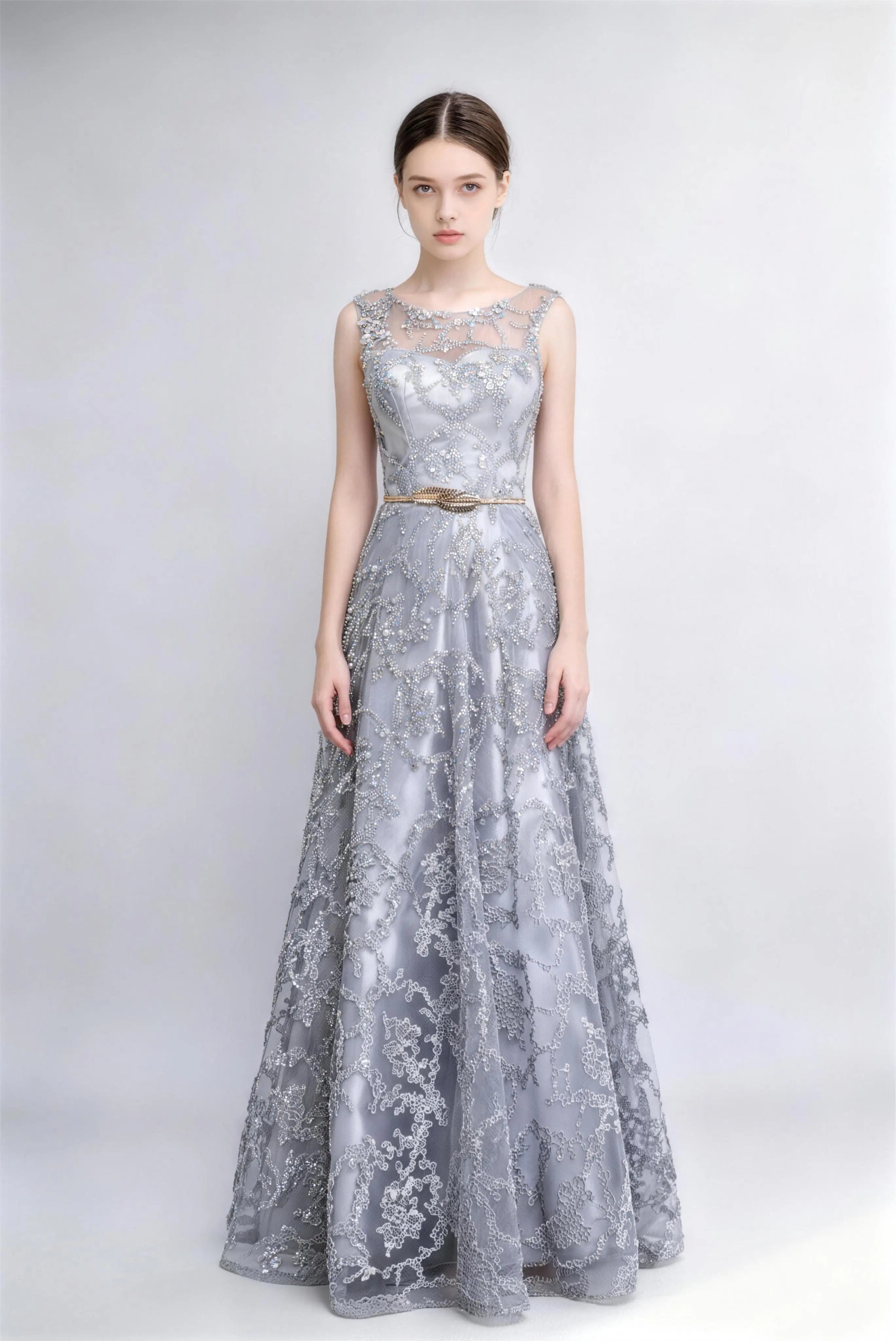 Phoehua Silver Beaded Lace A-Line Evening Gown, Front View Illusion Neck Sleeveless with Gold Belt Formal Prom Dress