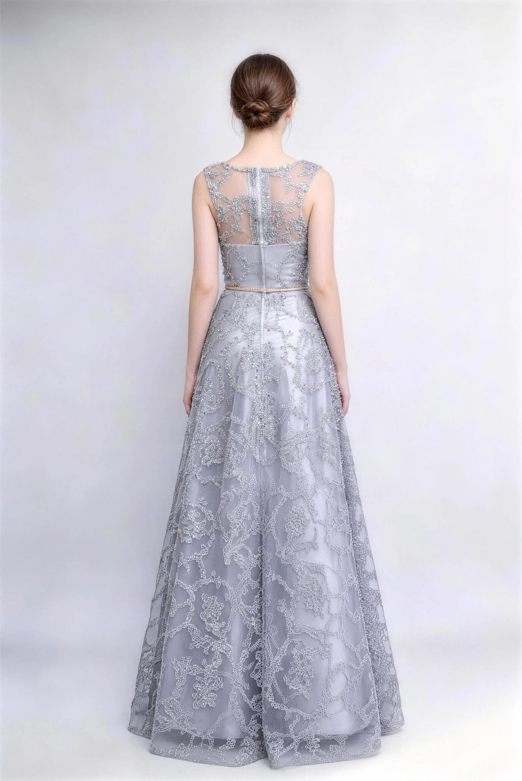 Phoehua Back View of Silver Lace Beaded Evening Dress, Sheer Mesh Back Panel Sleeveless Gold Belt Floor-Length Formal Gown