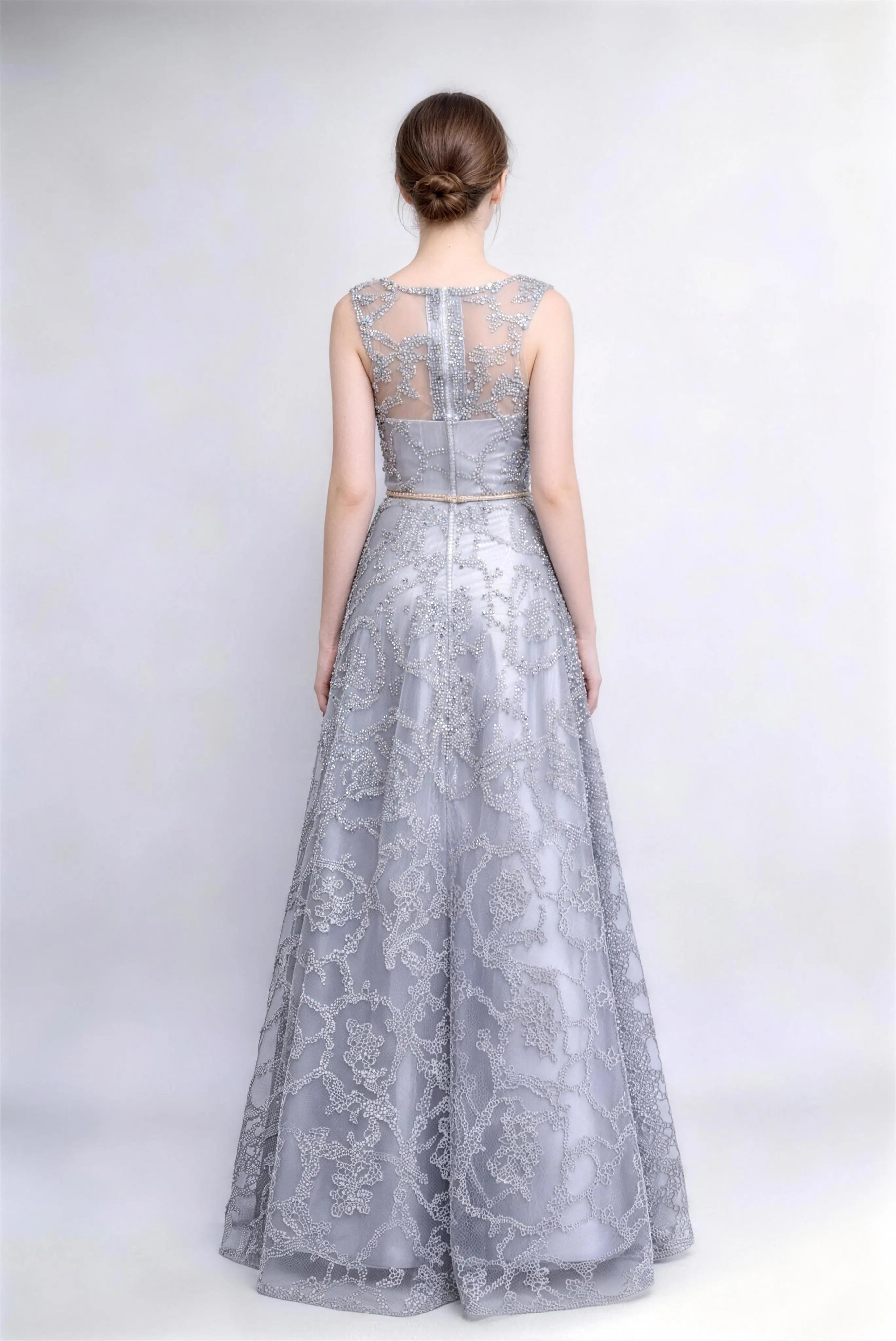 Phoehua Back View of Silver Lace Beaded Evening Dress, Sheer Mesh Back Panel Sleeveless Gold Belt Floor-Length Formal Gown