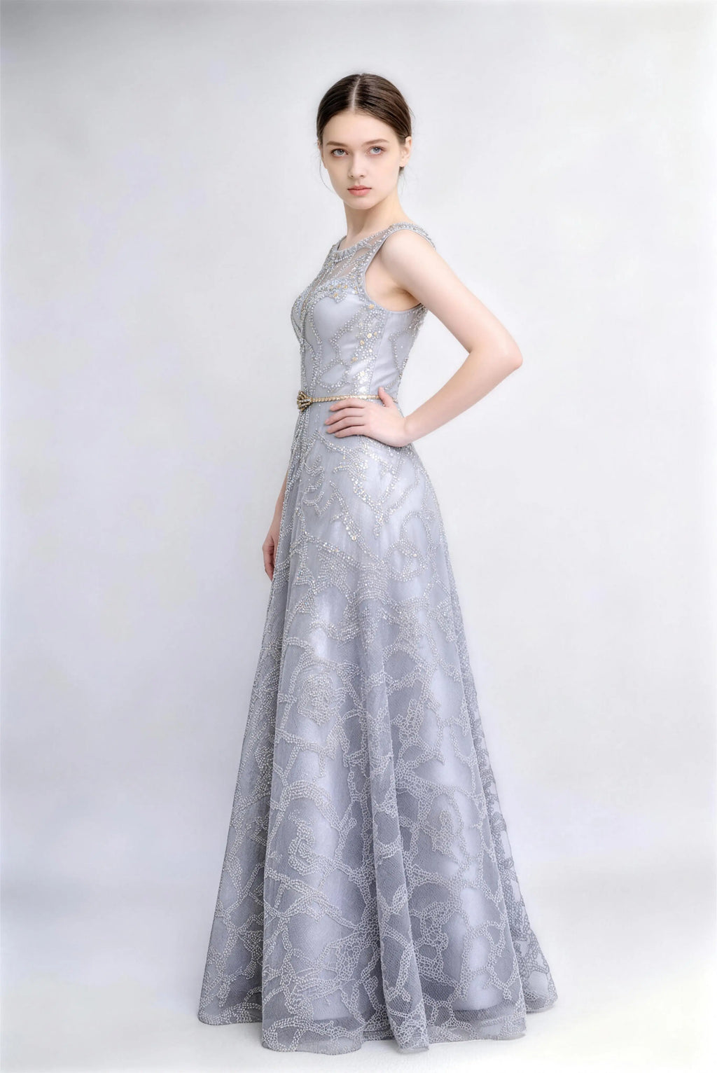 Phoehua Side View of Silver Lace Beaded Dress, High Waist Gold Belt Illusion Neck Sleeveless A-Line Evening Gown