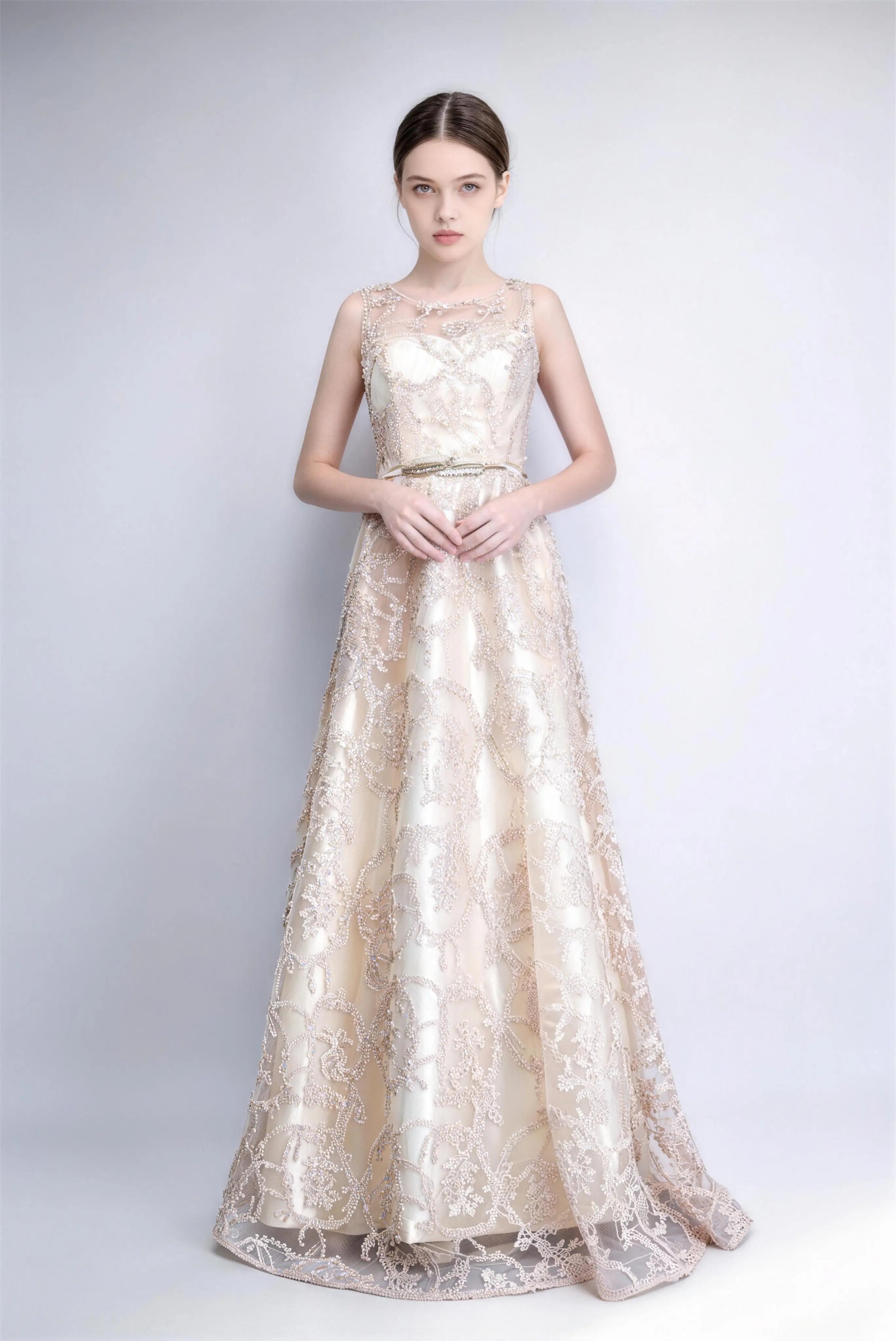 Phoehua Champagne Beaded Lace Evening Gown, Front View Illusion Neck Sleeveless Gold Belt Floor-Length Formal Dress