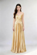 Phoehua Golden Pleated Satin A-Line Evening Gown, Front View Spaghetti Strap Deep V-Neck Cross-Back Formal Prom Dress