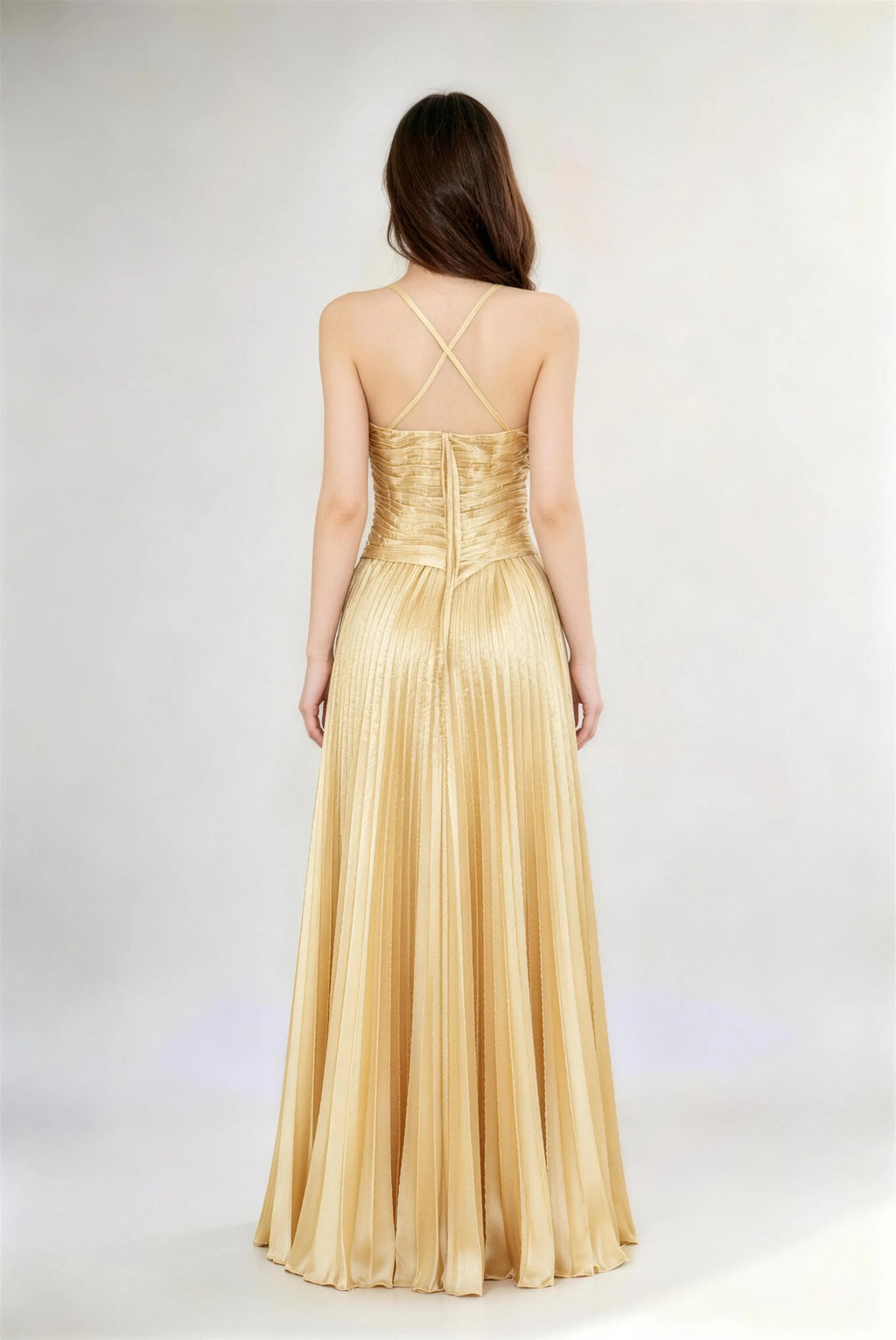 Phoehua Back View of Golden Pleated Satin Dress, Cross-Back Spaghetti Straps Zipper Closure High Waist A-Line Formal Gown