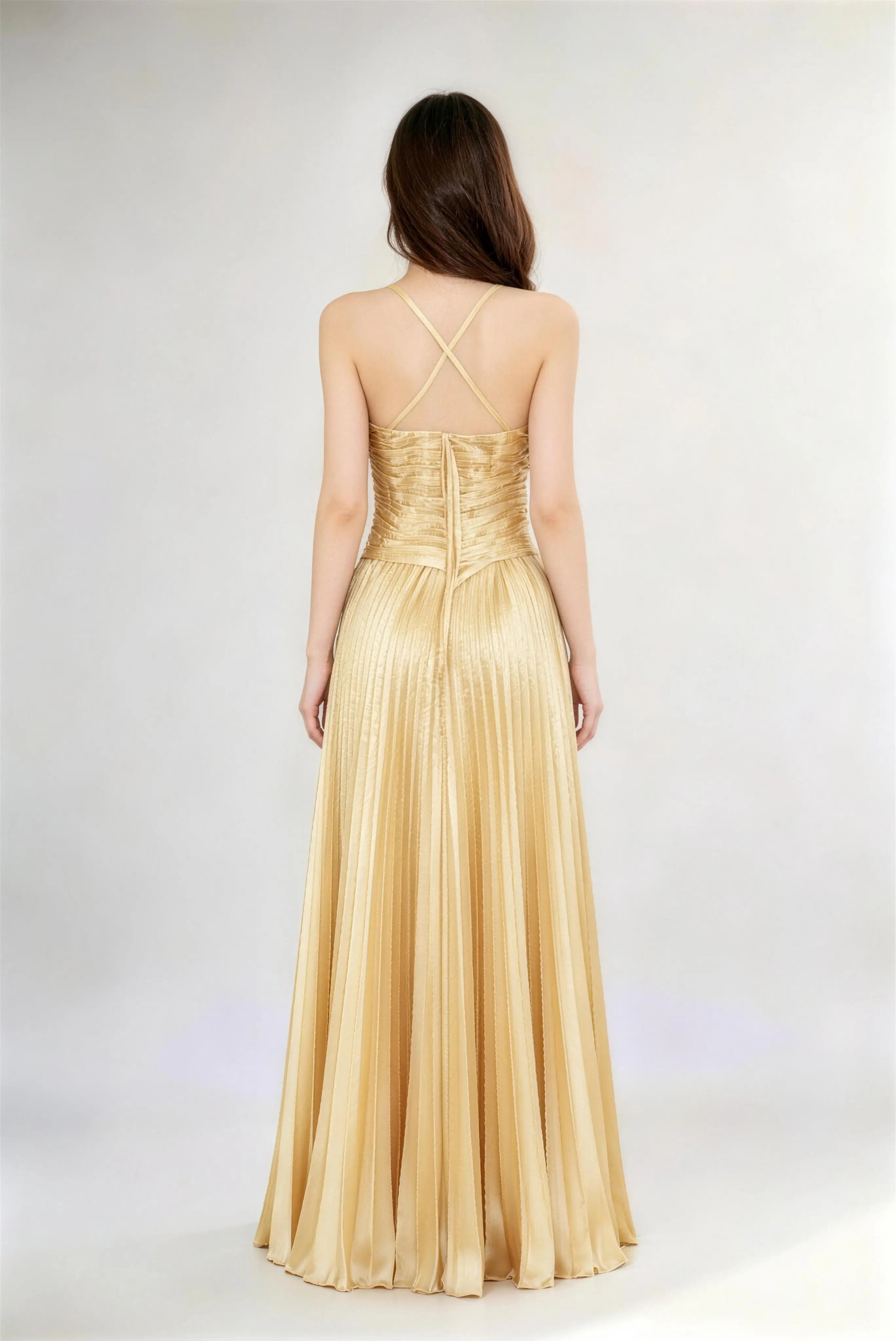 Phoehua Back View of Golden Pleated Satin Dress, Cross-Back Spaghetti Straps Zipper Closure High Waist A-Line Formal Gown