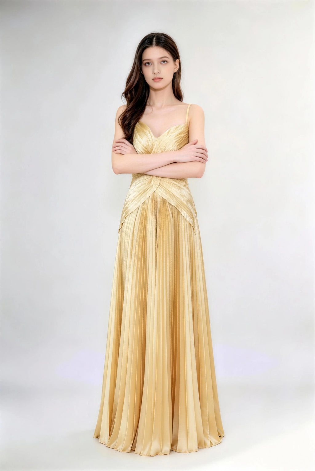 Phoehua Golden Pleated Satin Evening Gown in Standing Pose, Twisted Ruched Bodice Cross-Back Spaghetti Straps A-Line Maxi Dress