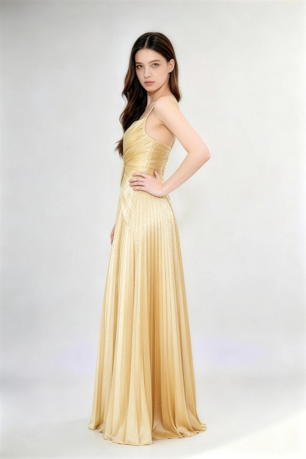 Phoehua Side View of Golden Pleated Satin Dress, High Waist A-Line Skirt Deep V-Neck Cross-Back Spaghetti Strap Formal Gown