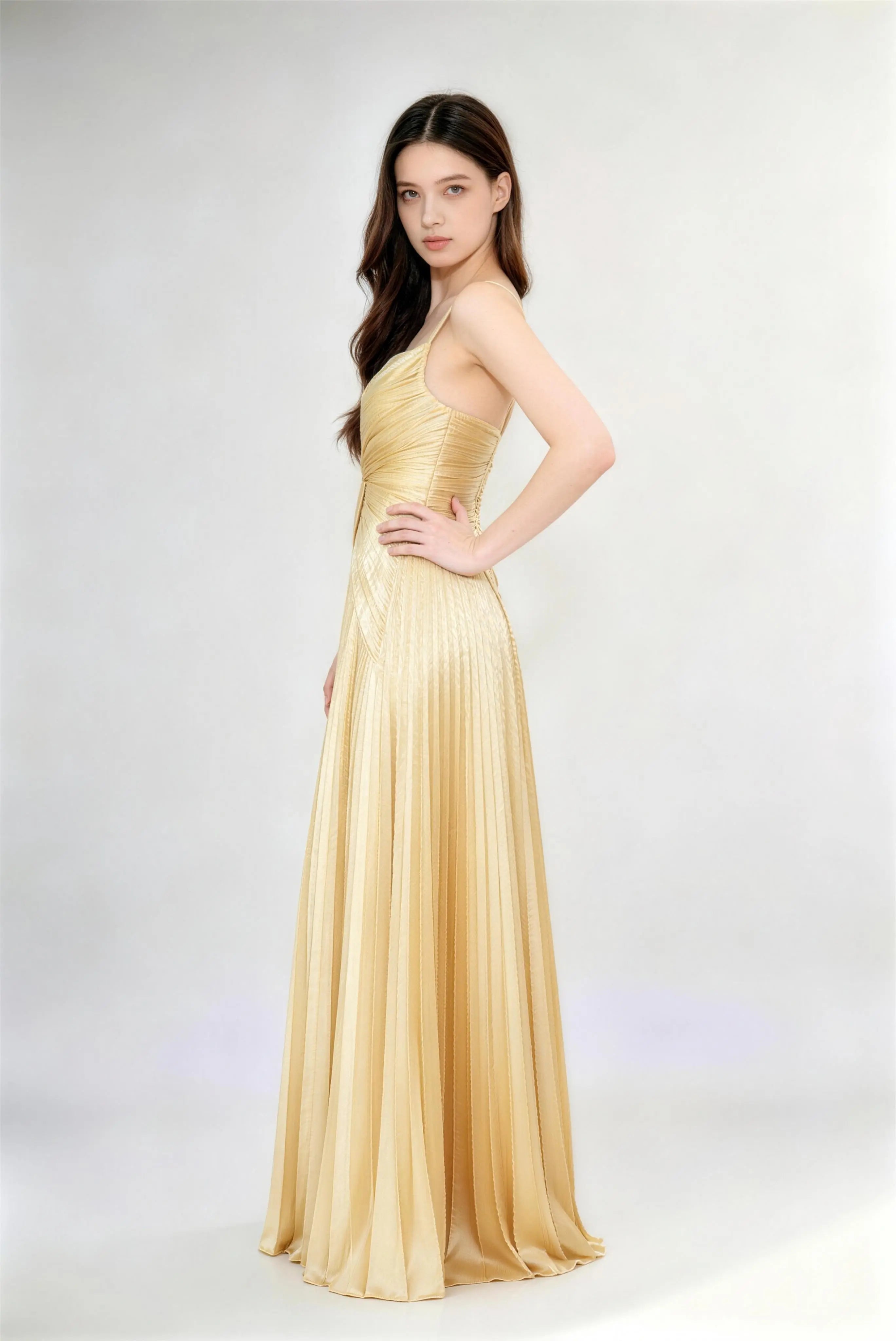 Phoehua Side View of Golden Pleated Satin Dress, High Waist A-Line Skirt Deep V-Neck Cross-Back Spaghetti Strap Formal Gown
