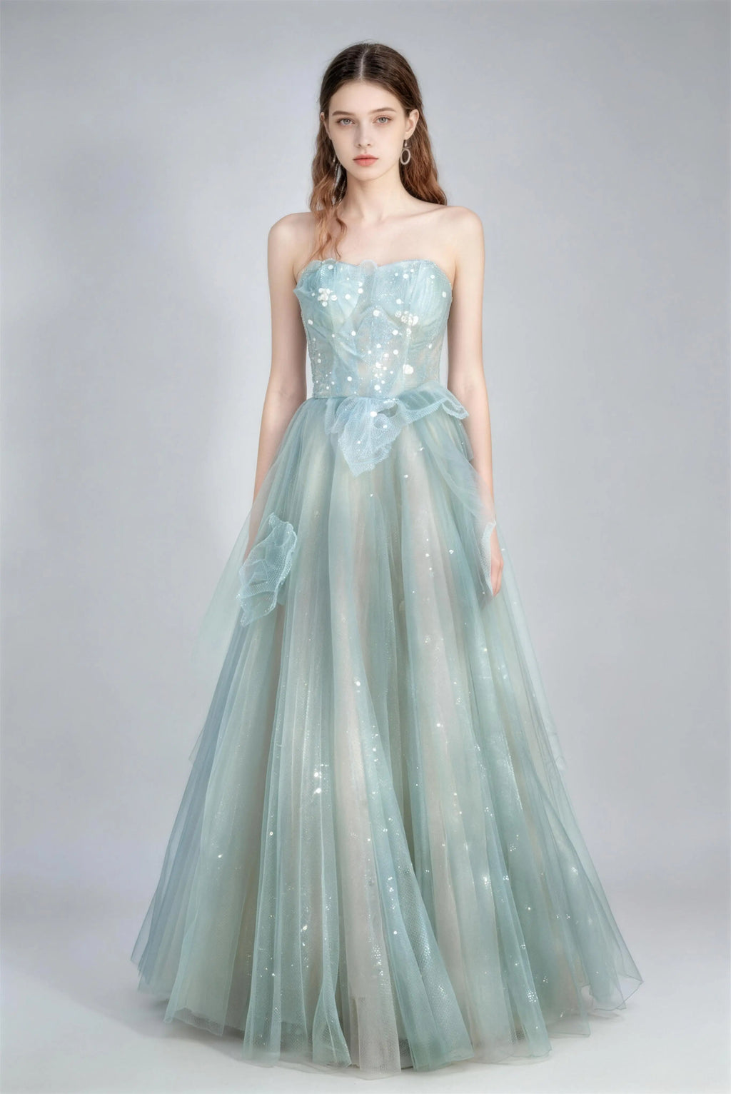 Phoehua Light Blue Glitter Tulle Corset Ball Gown, Front View Strapless Lace-Up Back High Waist Prom Dress