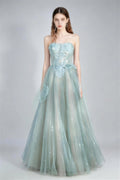 Phoehua Light Blue Glitter Tulle Corset Ball Gown, Front View Strapless Lace-Up Back High Waist Prom Dress