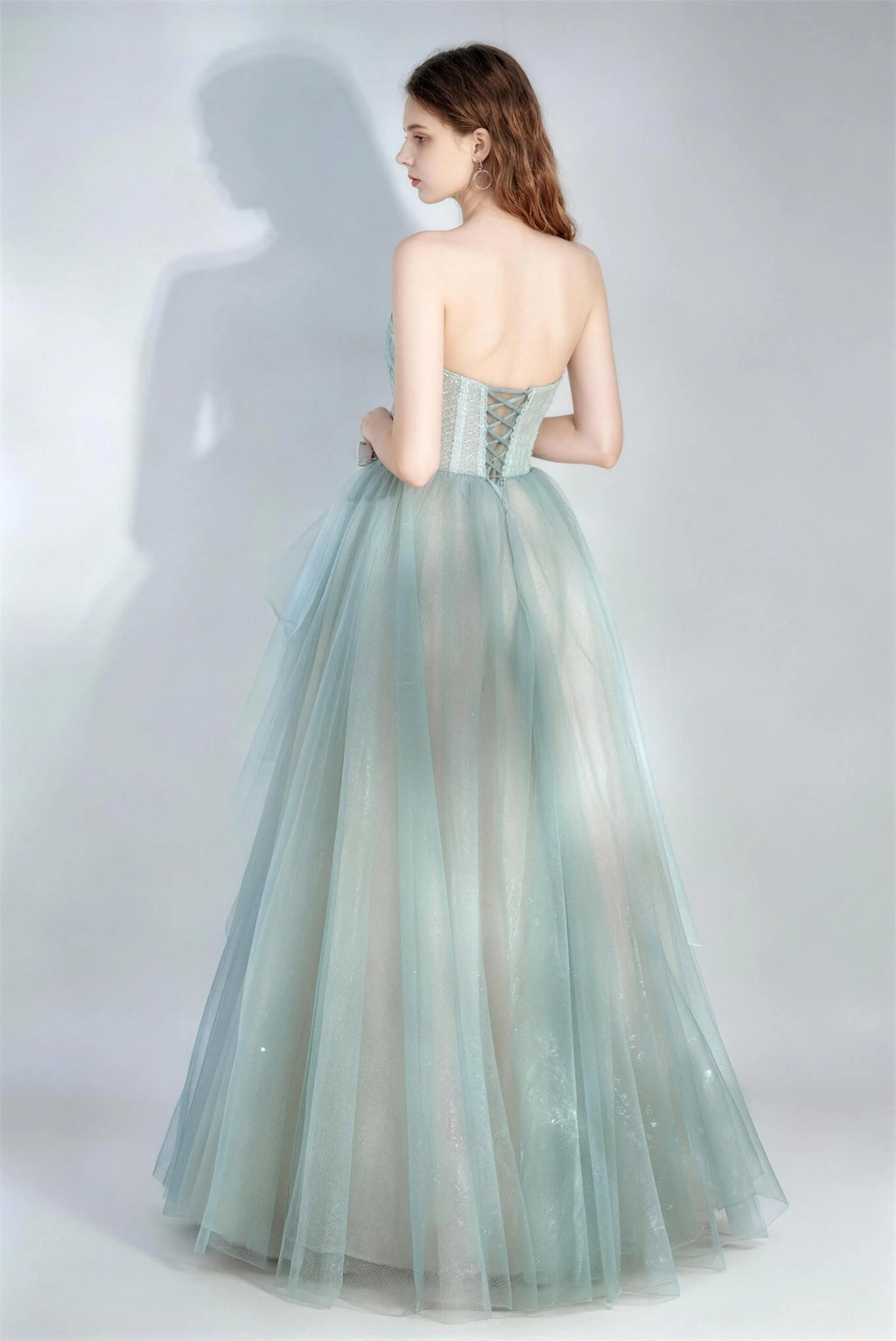 Phoehua Back View of Light Blue Tulle Ball Gown, Corset Lace-Up Back Closure Floor-Length Princess Formal Dress