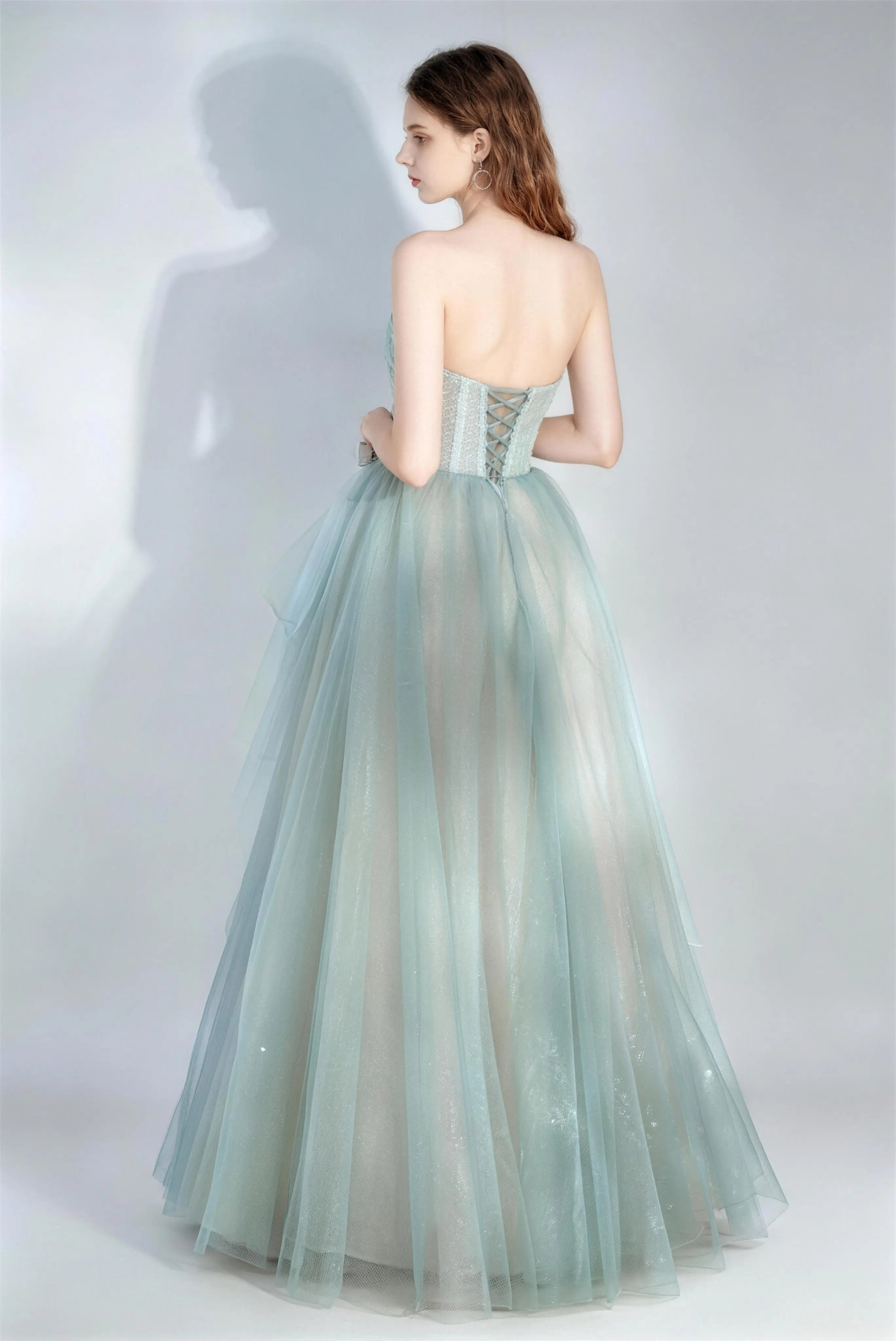 Phoehua Back View of Light Blue Tulle Ball Gown, Corset Lace-Up Back Closure Floor-Length Princess Formal Dress