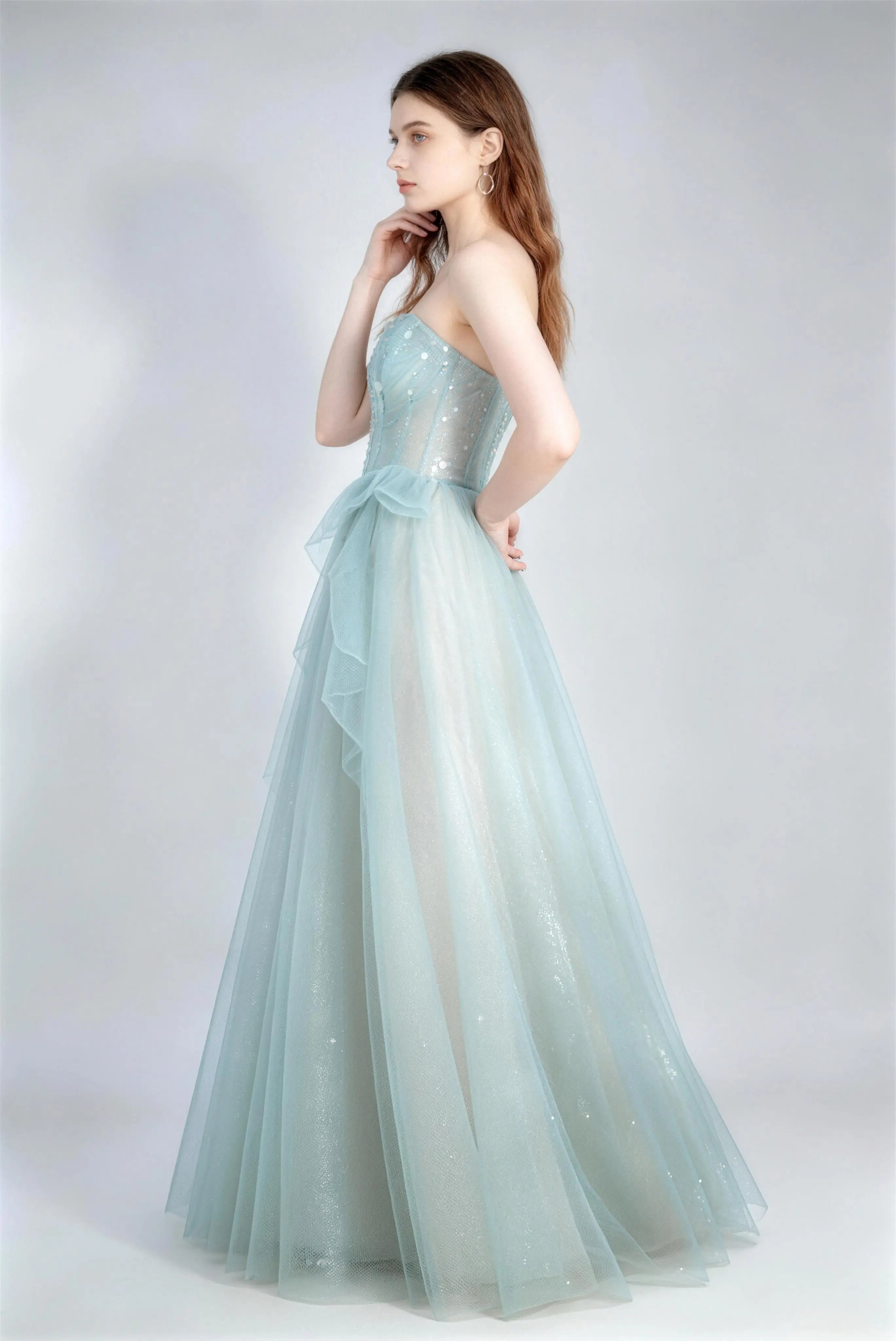 Phoehau Side View of Light Blue Glitter Tulle Dress, Corset Bodice High Waist Lace-Up Back Floor-Length Prom Gown