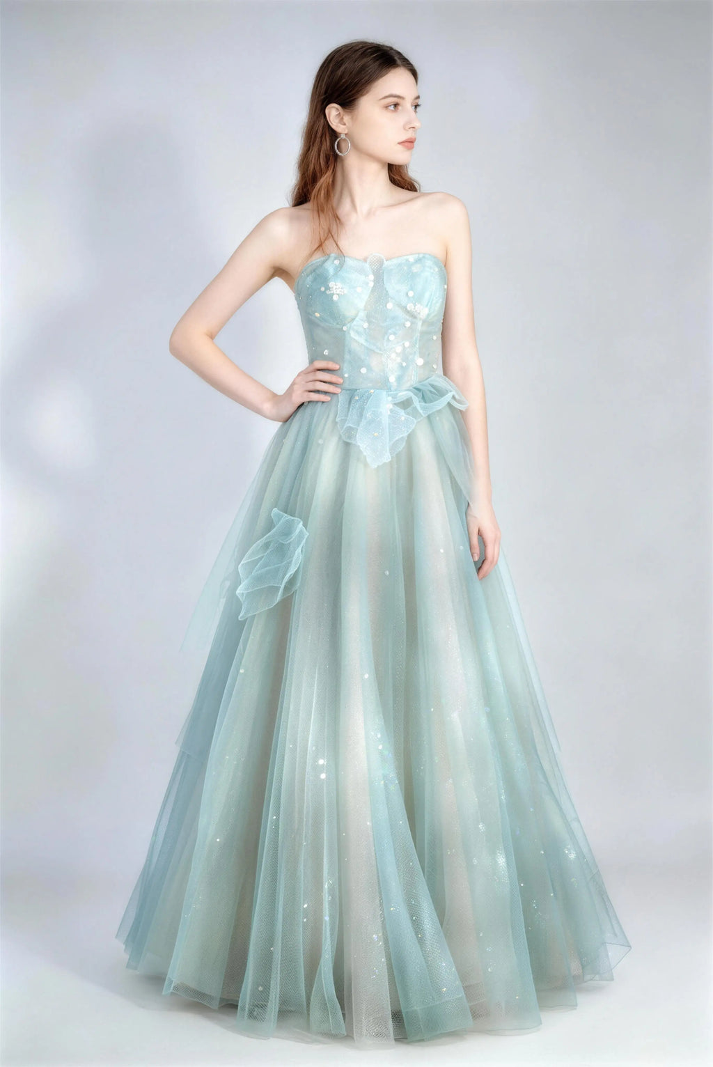 Phoehua Light Blue Corset Tulle Ball Gown in Standing Pose, Waist Tulle Appliqué Lace-Up Back Strapless Formal Dress