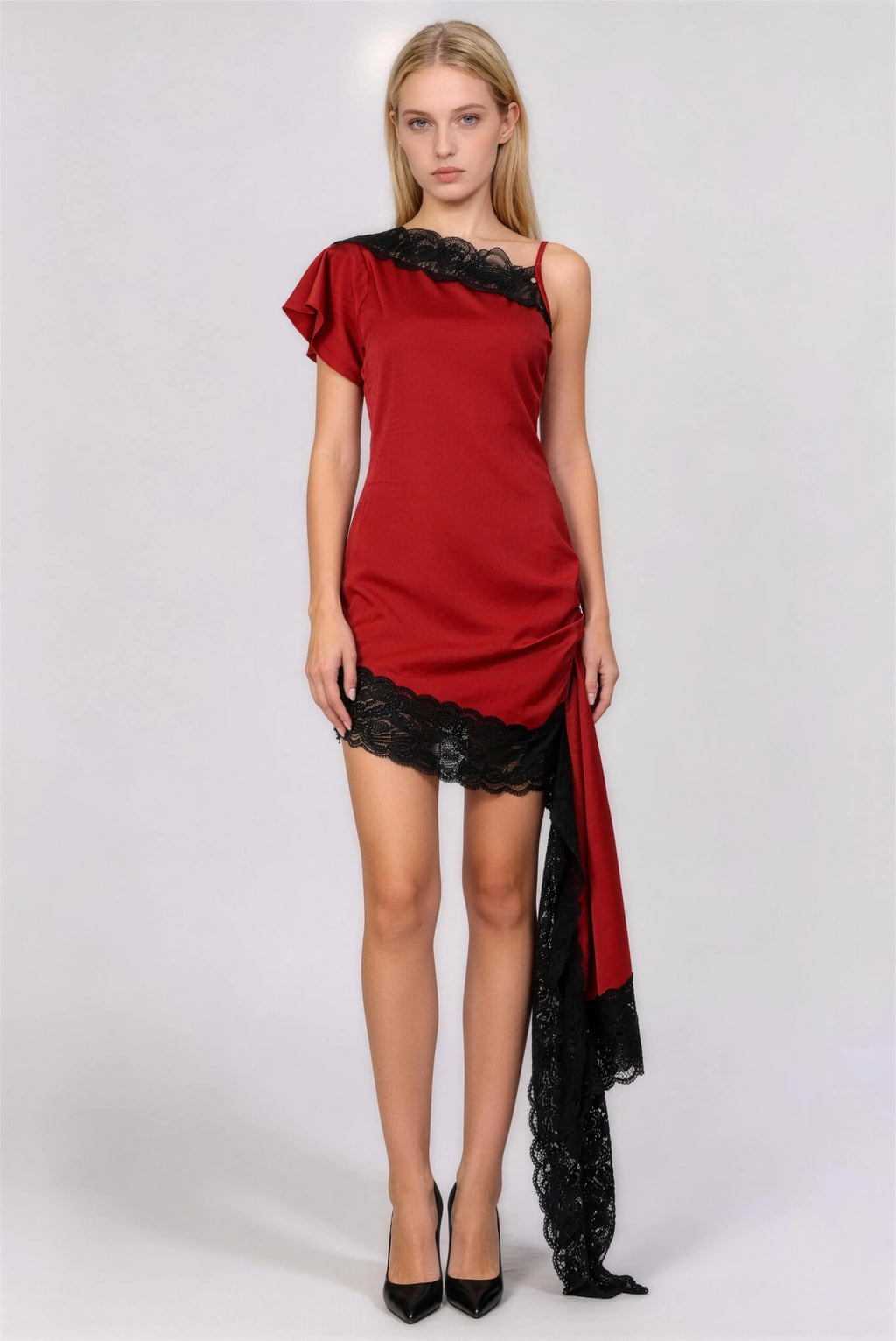 Phoehua Red One-Shoulder Lace Trim Asymmetrical Bodycon Mini Dress, Front View with Draped Train Sexy Party Dress